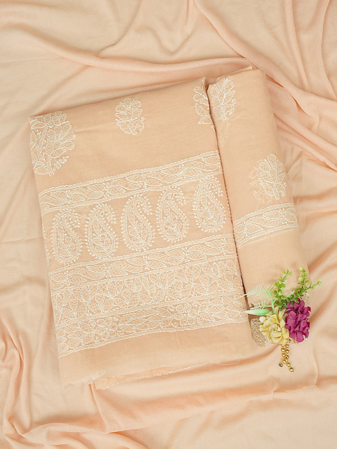 Ada Hand Embroidered Peach Cotton Lucknowi Chikankari Unstitched Suit Piece 01A853637