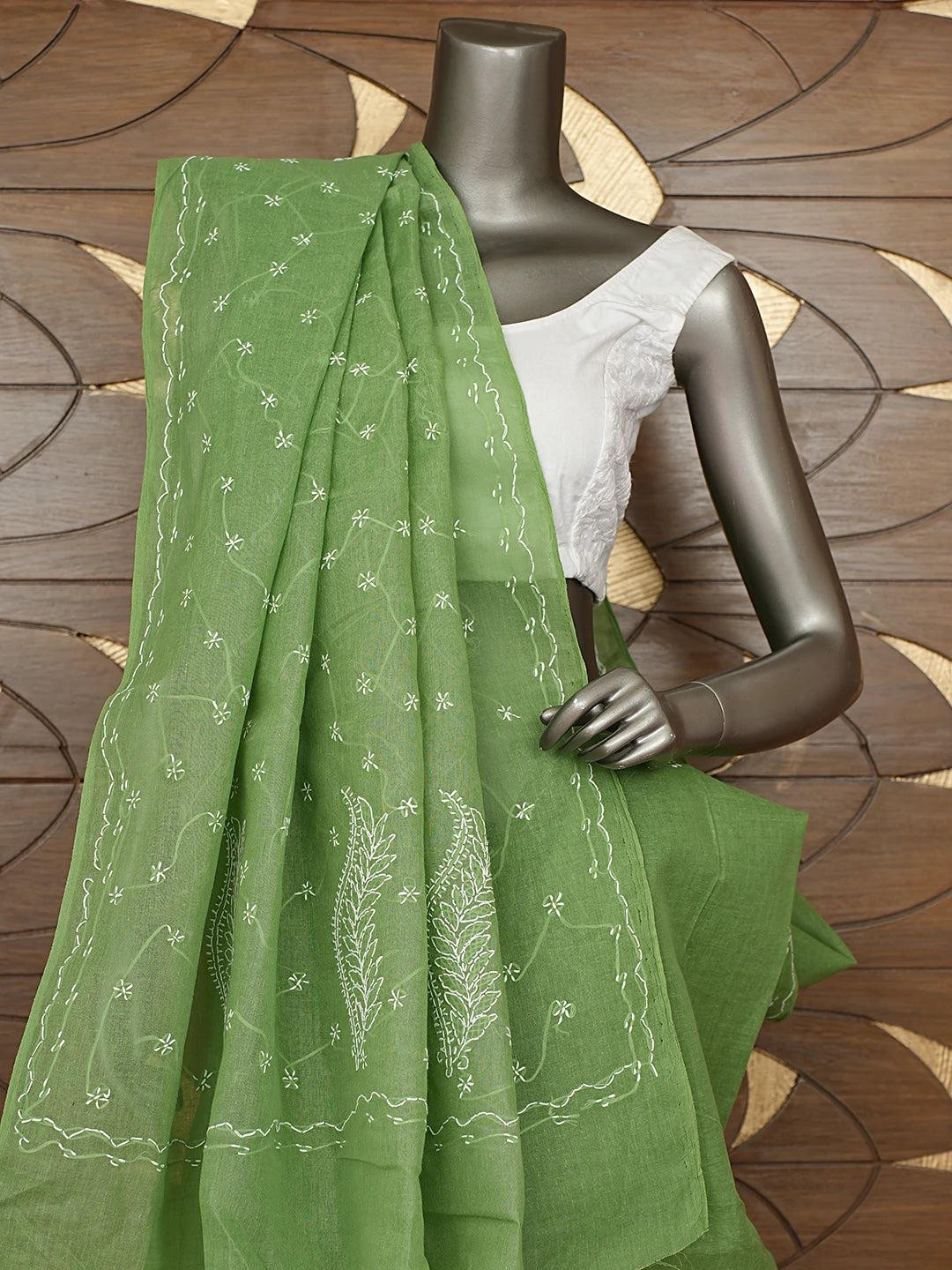 Ada Hand Embroidered Green Cotton Lucknowi Chikankari Saree and Blouse 01A882928