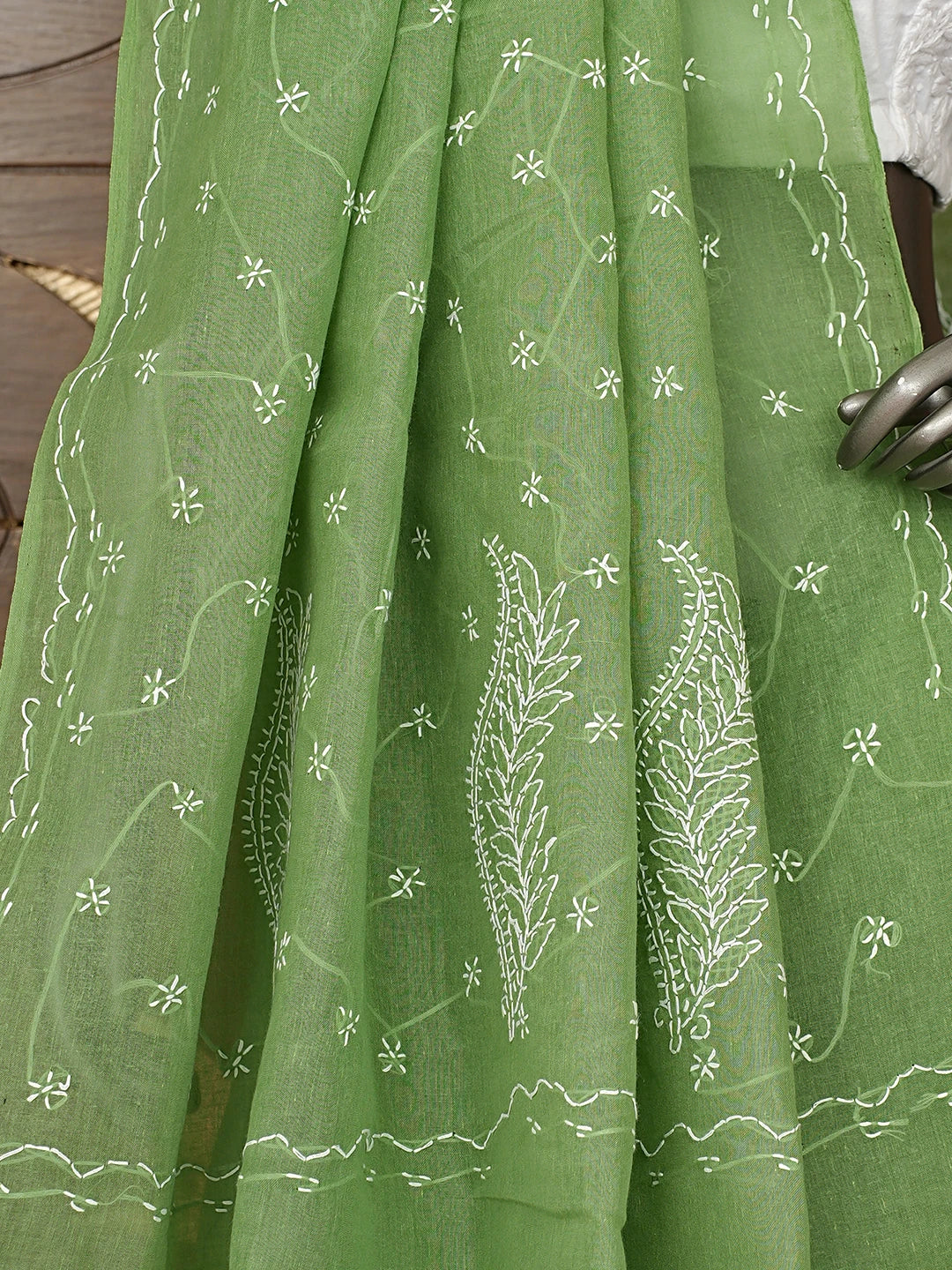 Ada Hand Embroidered Green Cotton Lucknowi Chikankari Saree and Blouse 01A882928