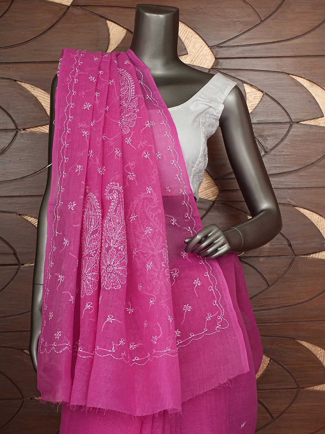 Ada Hand Embroidered Dark Pink Cotton Lucknowi Chikankari Saree and Blouse 01A882919