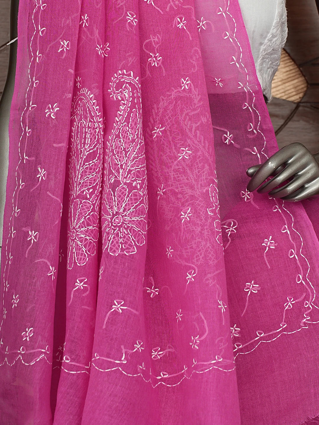 Ada Hand Embroidered Dark Pink Cotton Lucknowi Chikankari Saree and Blouse 01A882919