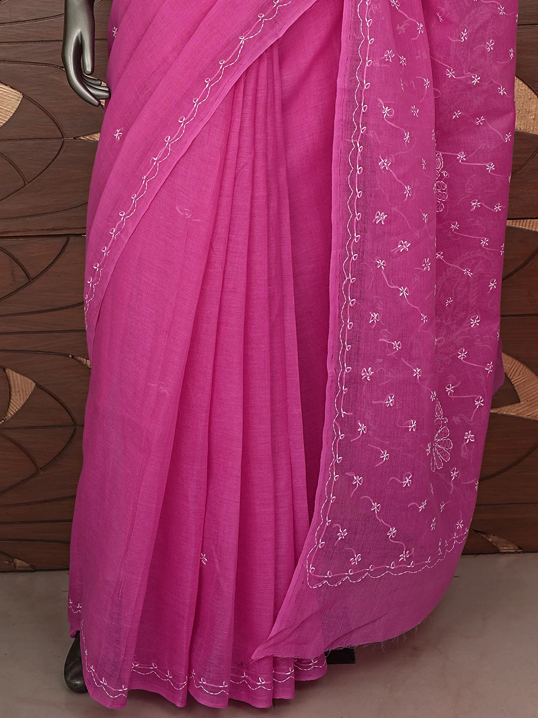 Ada Hand Embroidered Dark Pink Cotton Lucknowi Chikankari Saree and Blouse 01A882919