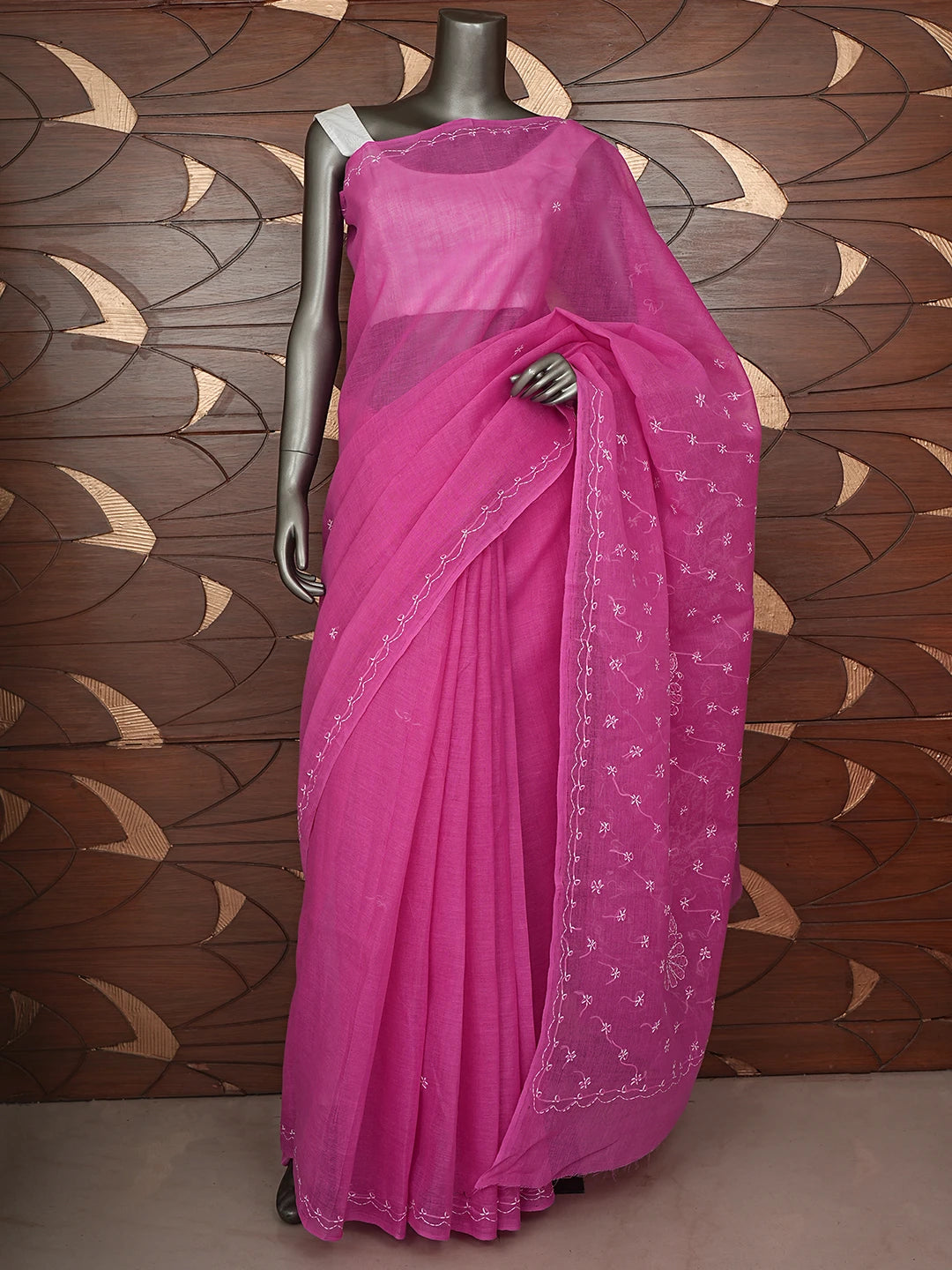 Ada Hand Embroidered Dark Pink Cotton Lucknowi Chikankari Saree and Blouse 01A882919