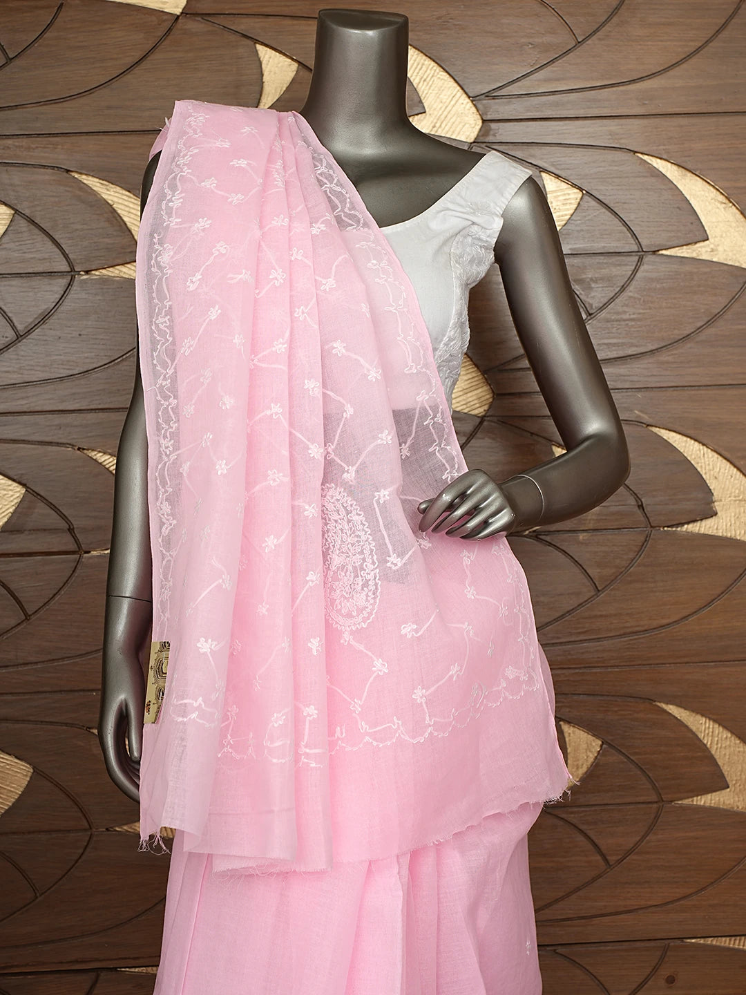 Ada Hand Embroidered Baby Pink Cotton Lucknowi Chikankari Saree and Blouse 01A882906