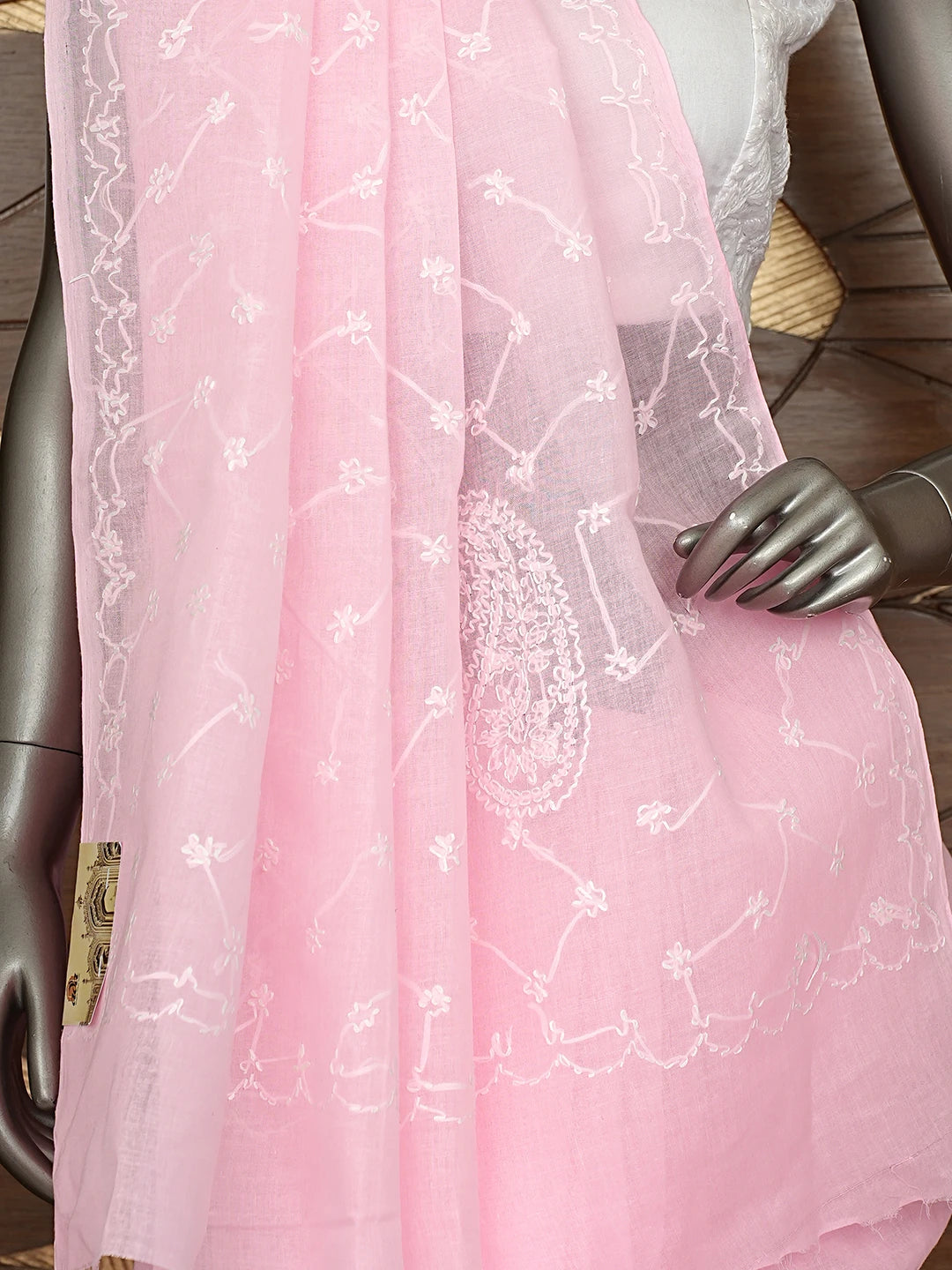 Ada Hand Embroidered Baby Pink Cotton Lucknowi Chikankari Saree and Blouse 01A882906