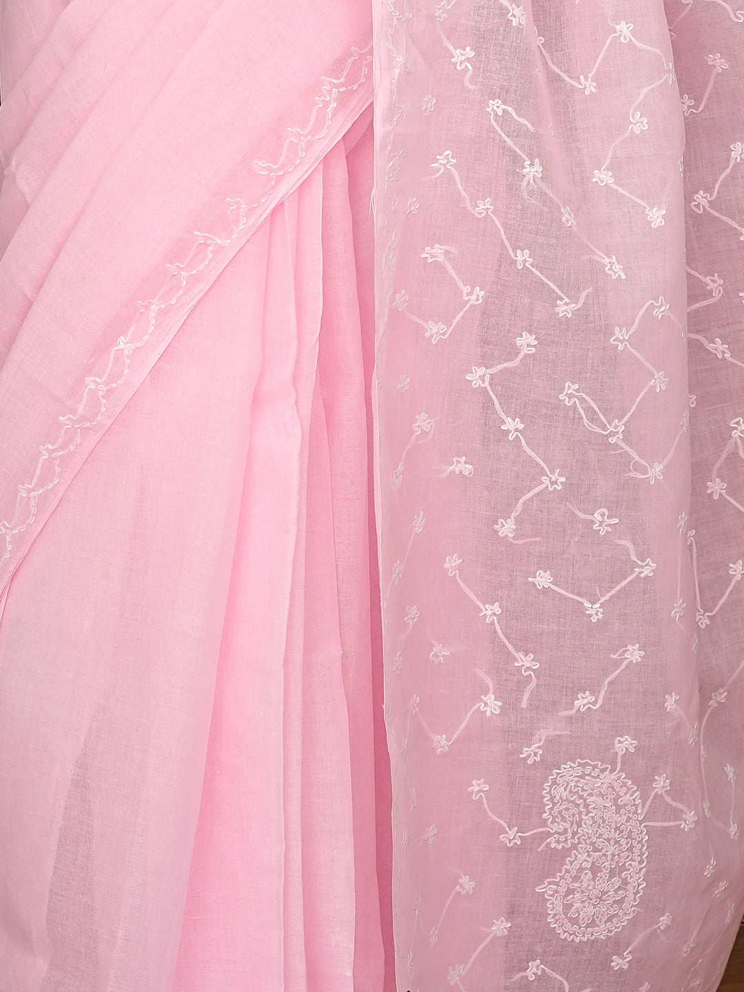 Ada Hand Embroidered Baby Pink Cotton Lucknowi Chikankari Saree and Blouse 01A882906