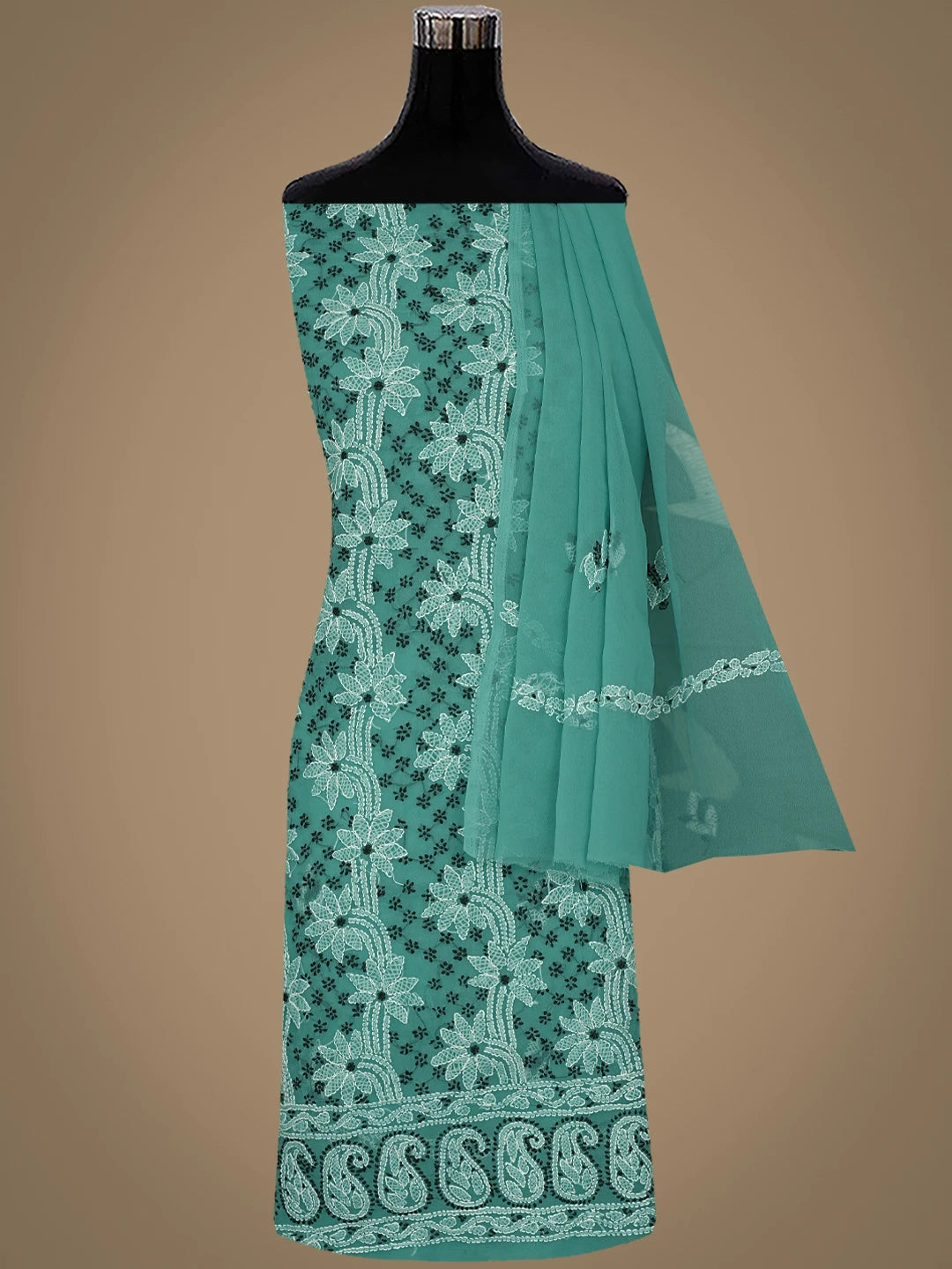 Ada Hand Embroidered Rama Green Georgette Lucknowi Chikankari Unstitched Suit Piece 01A872081