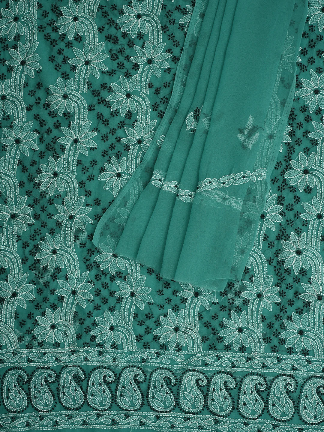 Ada Hand Embroidered Rama Green Georgette Lucknowi Chikankari Unstitched Suit Piece 01A872081