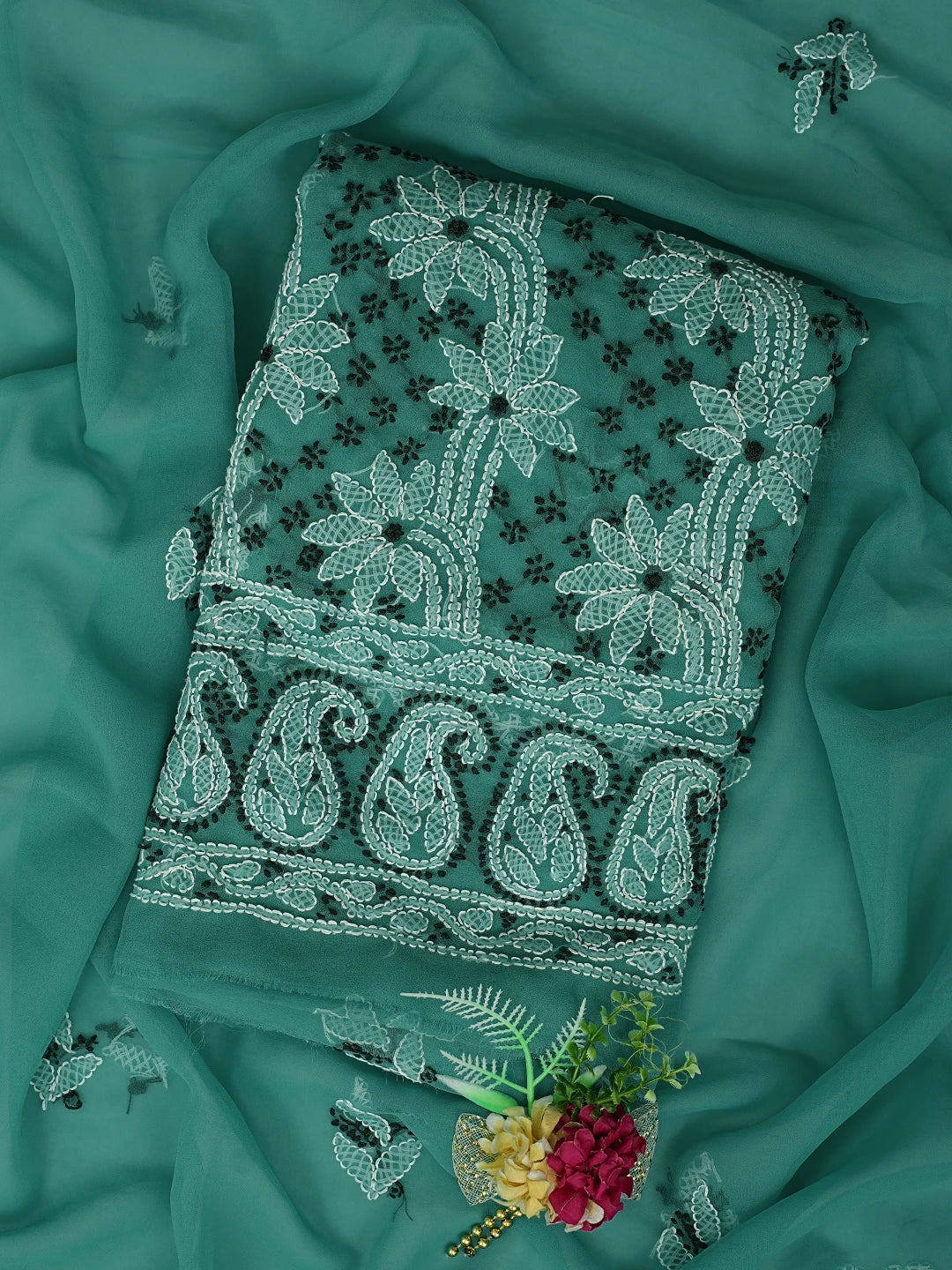 Ada Hand Embroidered Rama Green Georgette Lucknowi Chikankari Unstitched Suit Piece 01A872081