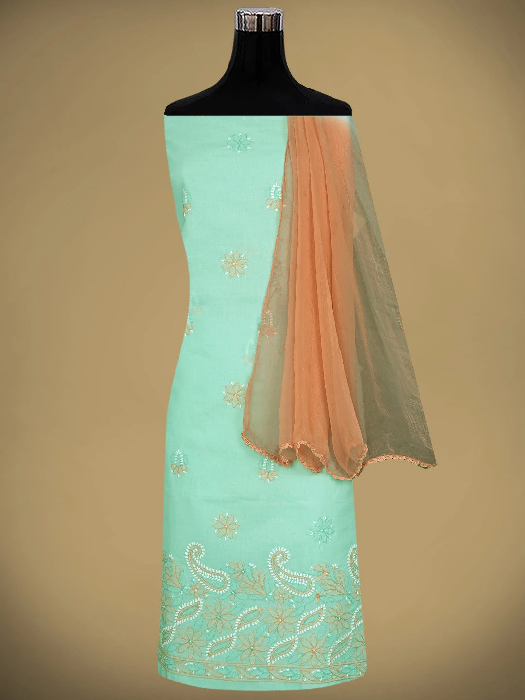 Ada Hand Embroidered Sea Green Cotton Lucknowi Chikankari Unstitched Suit Piece 01A879343