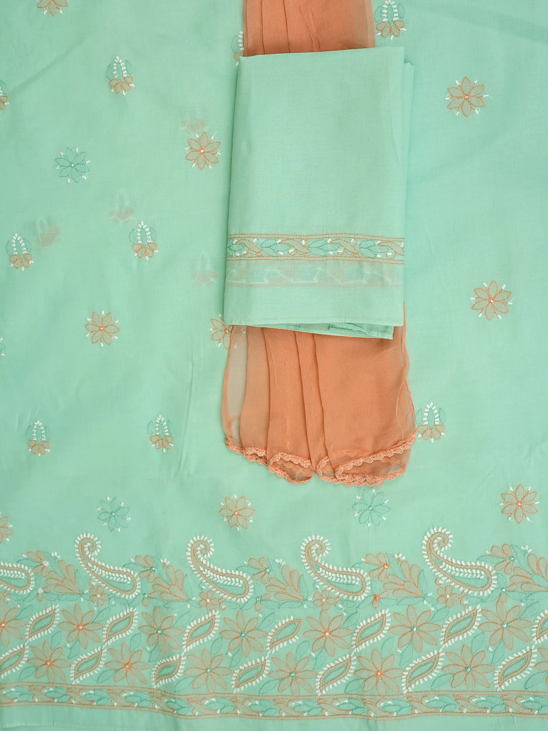Ada Hand Embroidered Sea Green Cotton Lucknowi Chikankari Unstitched Suit Piece 01A879343