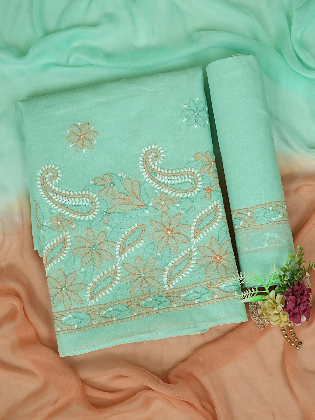 Ada Hand Embroidered Sea Green Cotton Lucknowi Chikankari Unstitched Suit Piece 01A879343