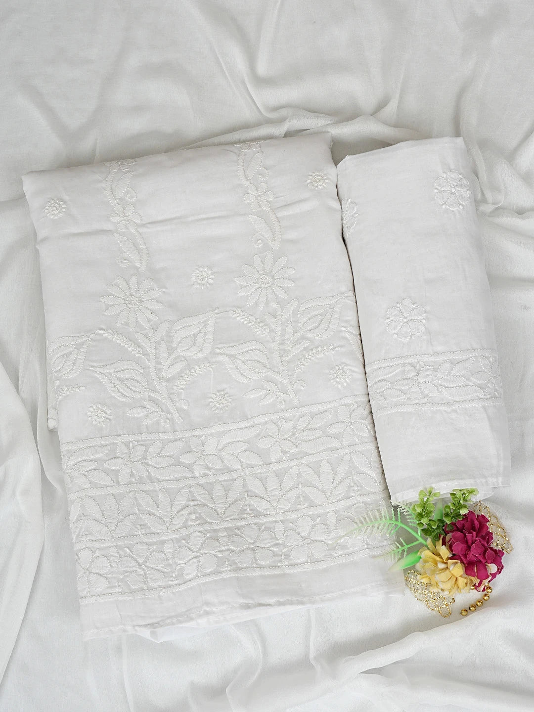 Ada Hand Embroidered White Cotton Lucknowi Chikankari Unstitched Suit Piece 01A881446