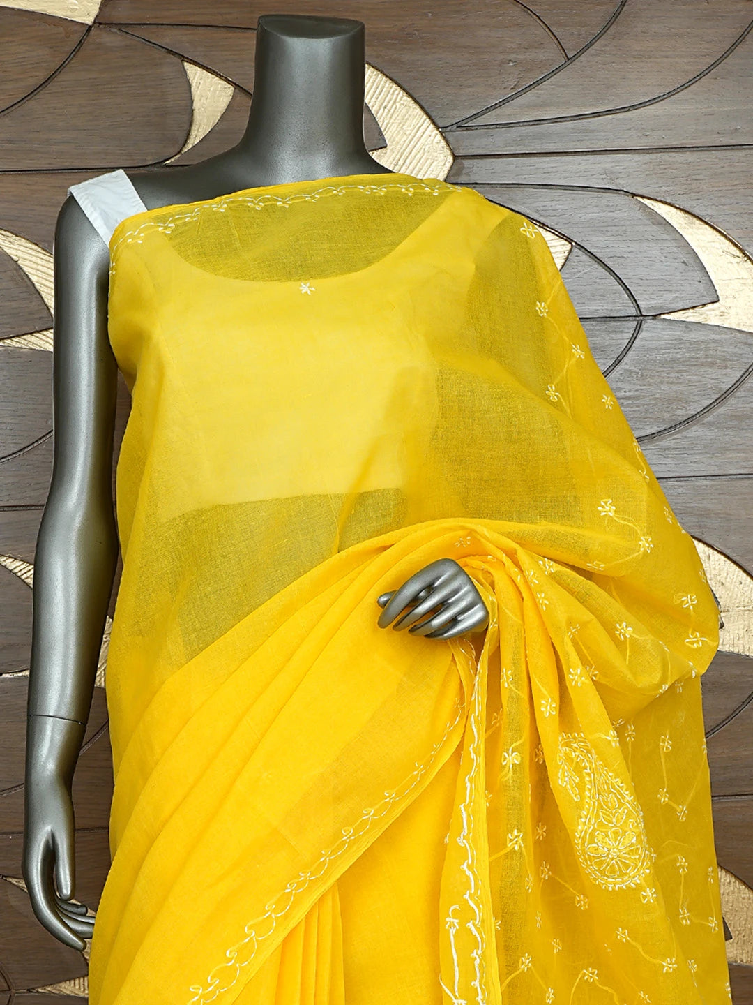 Ada Hand Embroidered Yellow Cotton Lucknowi Chikankari Saree and Blouse 01A882882