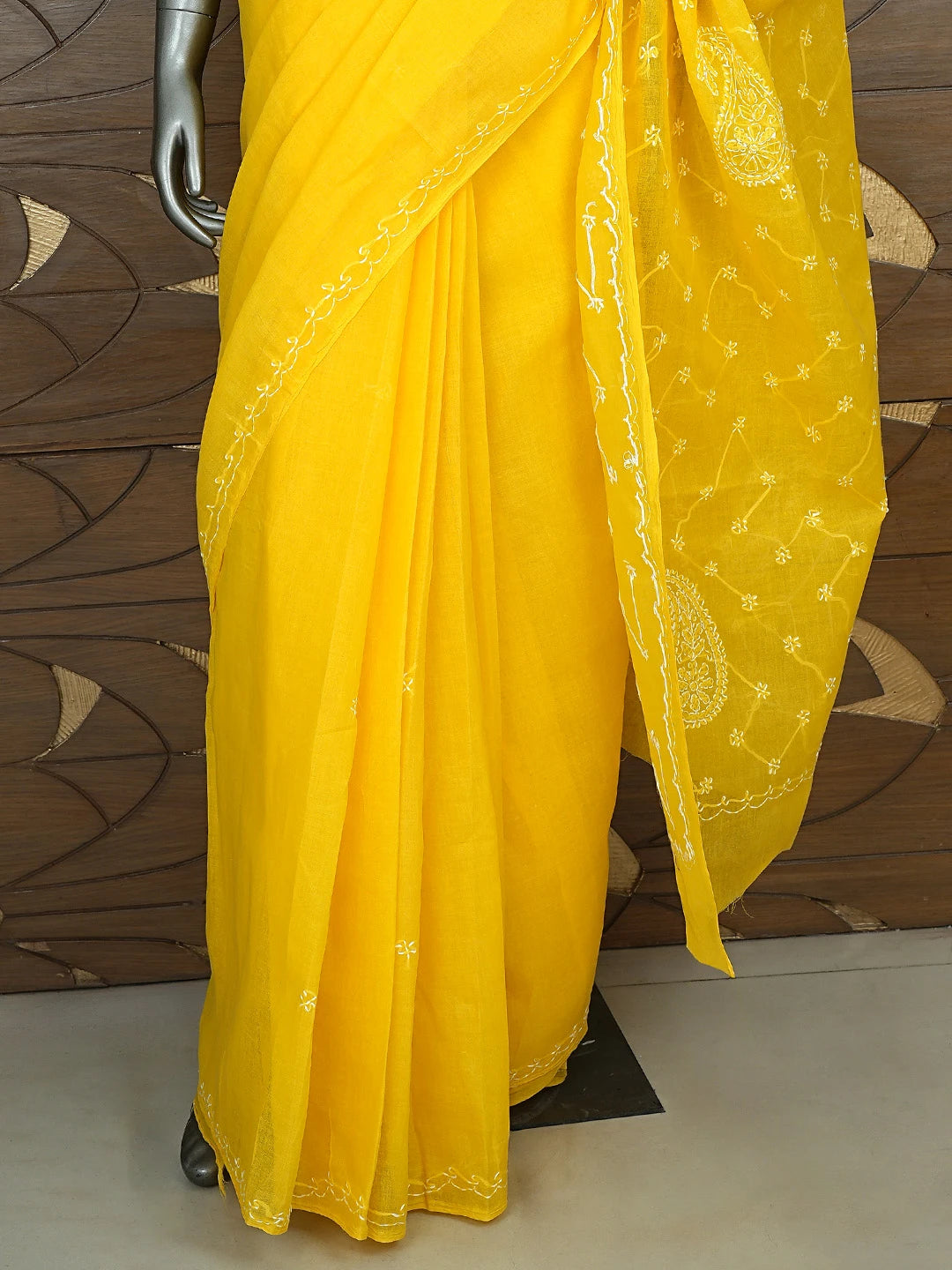 Ada Hand Embroidered Yellow Cotton Lucknowi Chikankari Saree and Blouse 01A882882