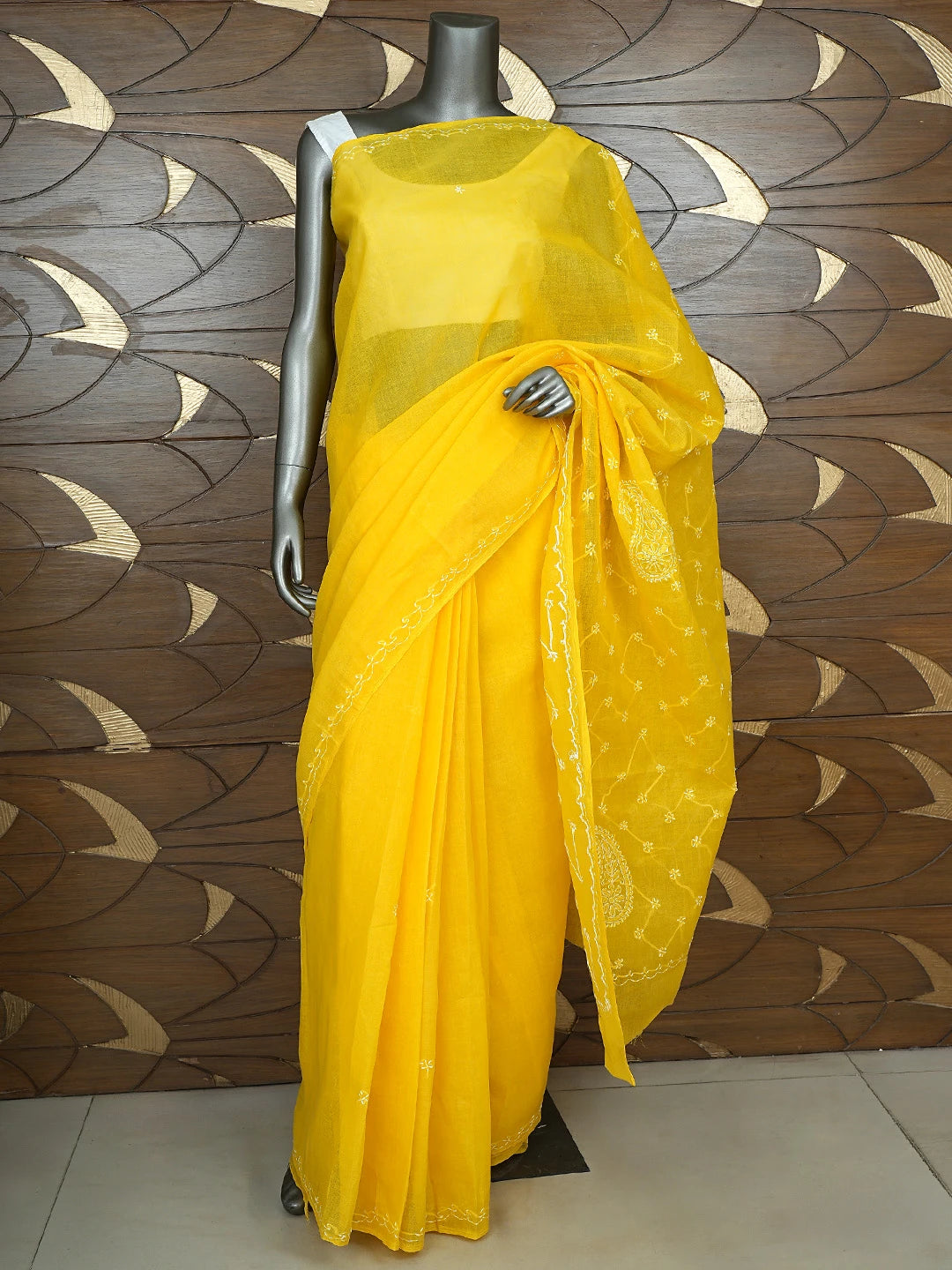 Ada Hand Embroidered Yellow Cotton Lucknowi Chikankari Saree and Blouse 01A882882