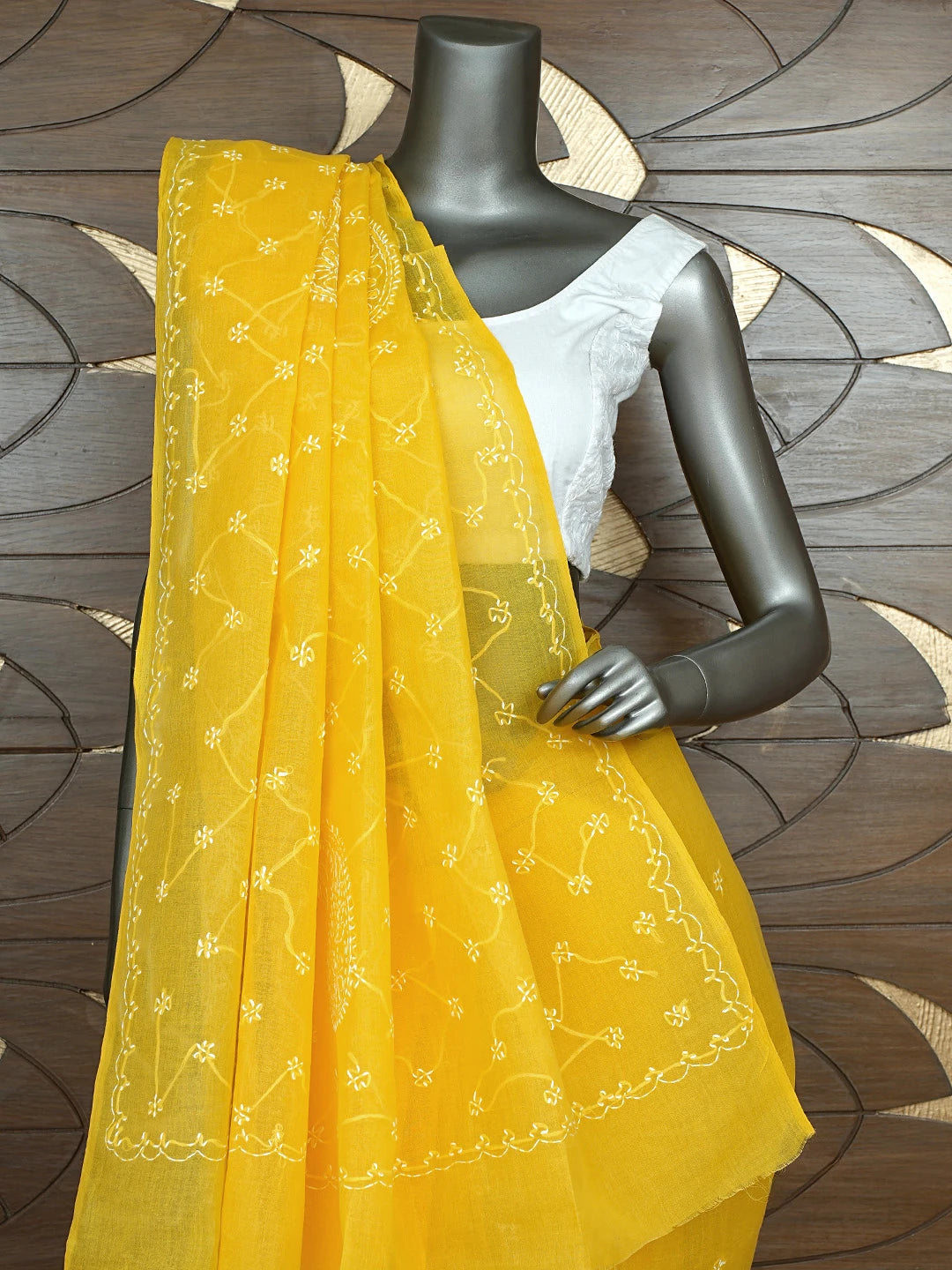 Ada Hand Embroidered Yellow Cotton Lucknowi Chikankari Saree and Blouse 01A882882