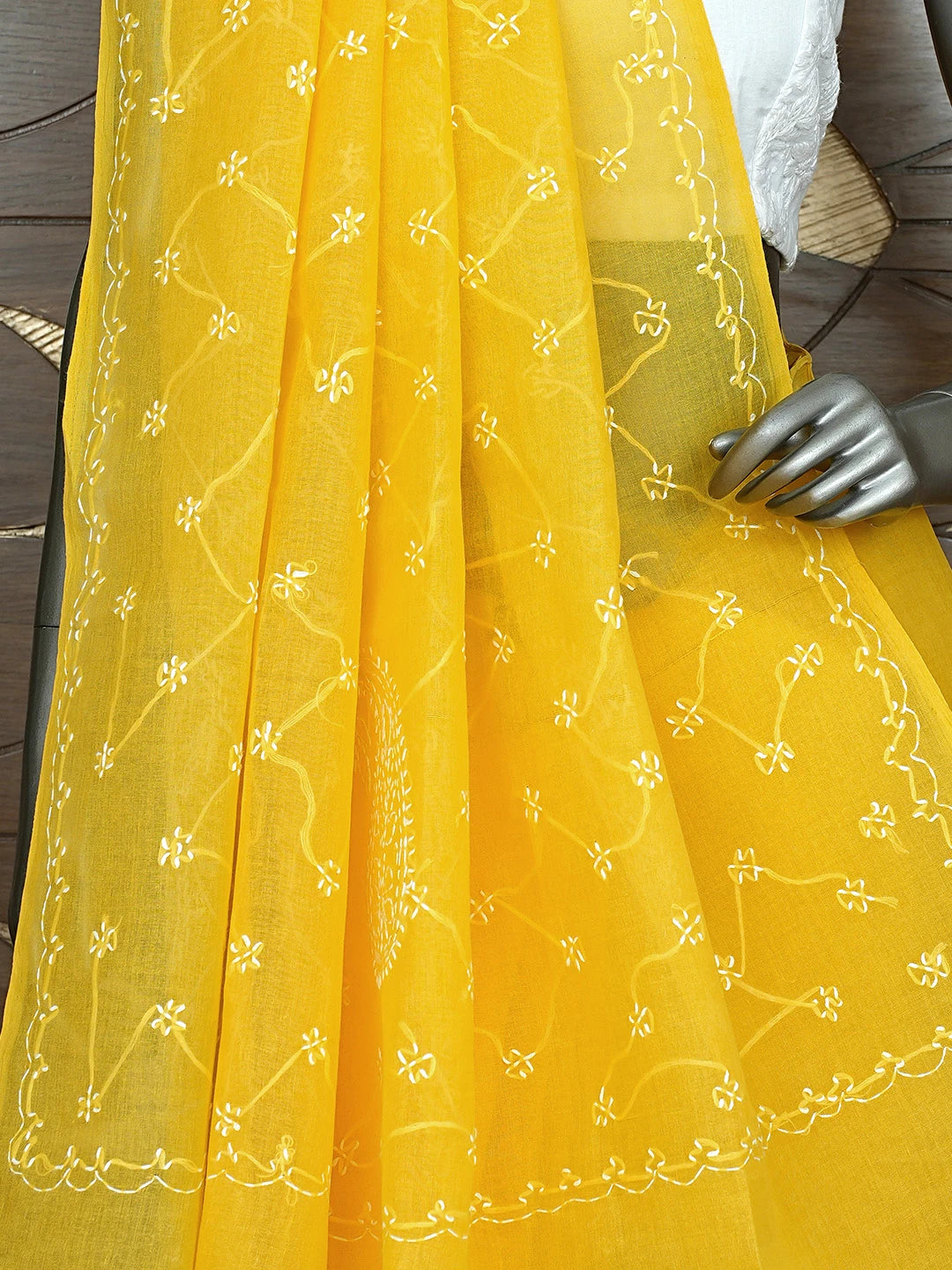 Ada Hand Embroidered Yellow Cotton Lucknowi Chikankari Saree and Blouse 01A882882