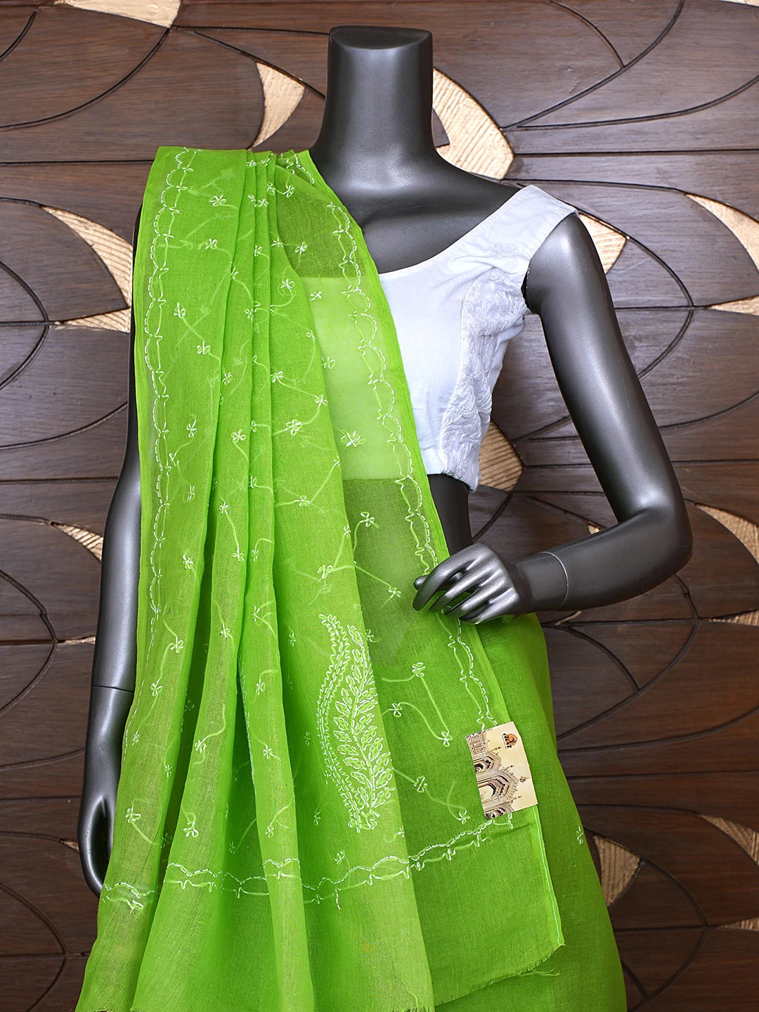 Ada Hand Embroidered Green Cotton Lucknowi Chikankari Saree and Blouse 01A882870