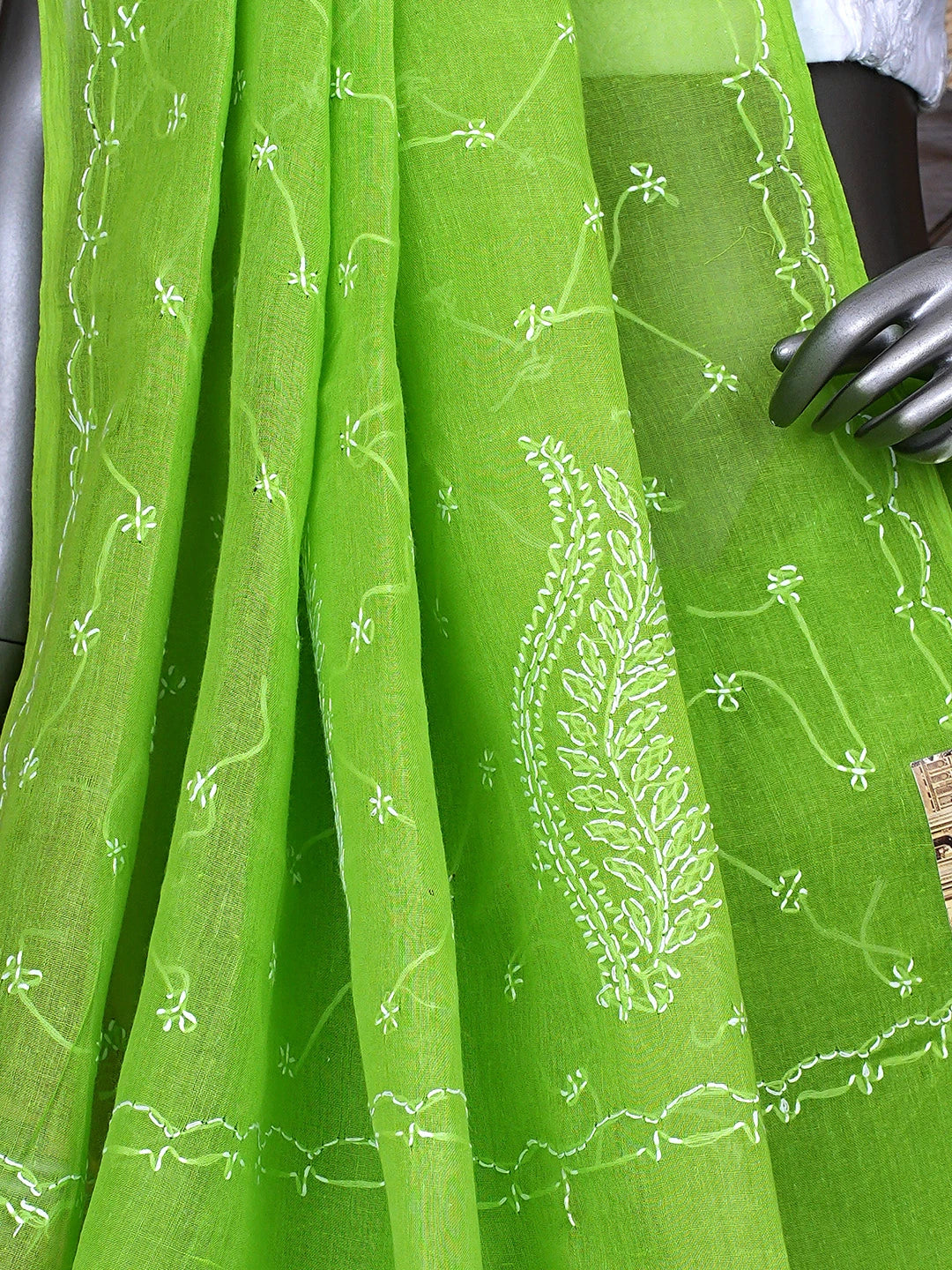 Ada Hand Embroidered Green Cotton Lucknowi Chikankari Saree and Blouse 01A882870