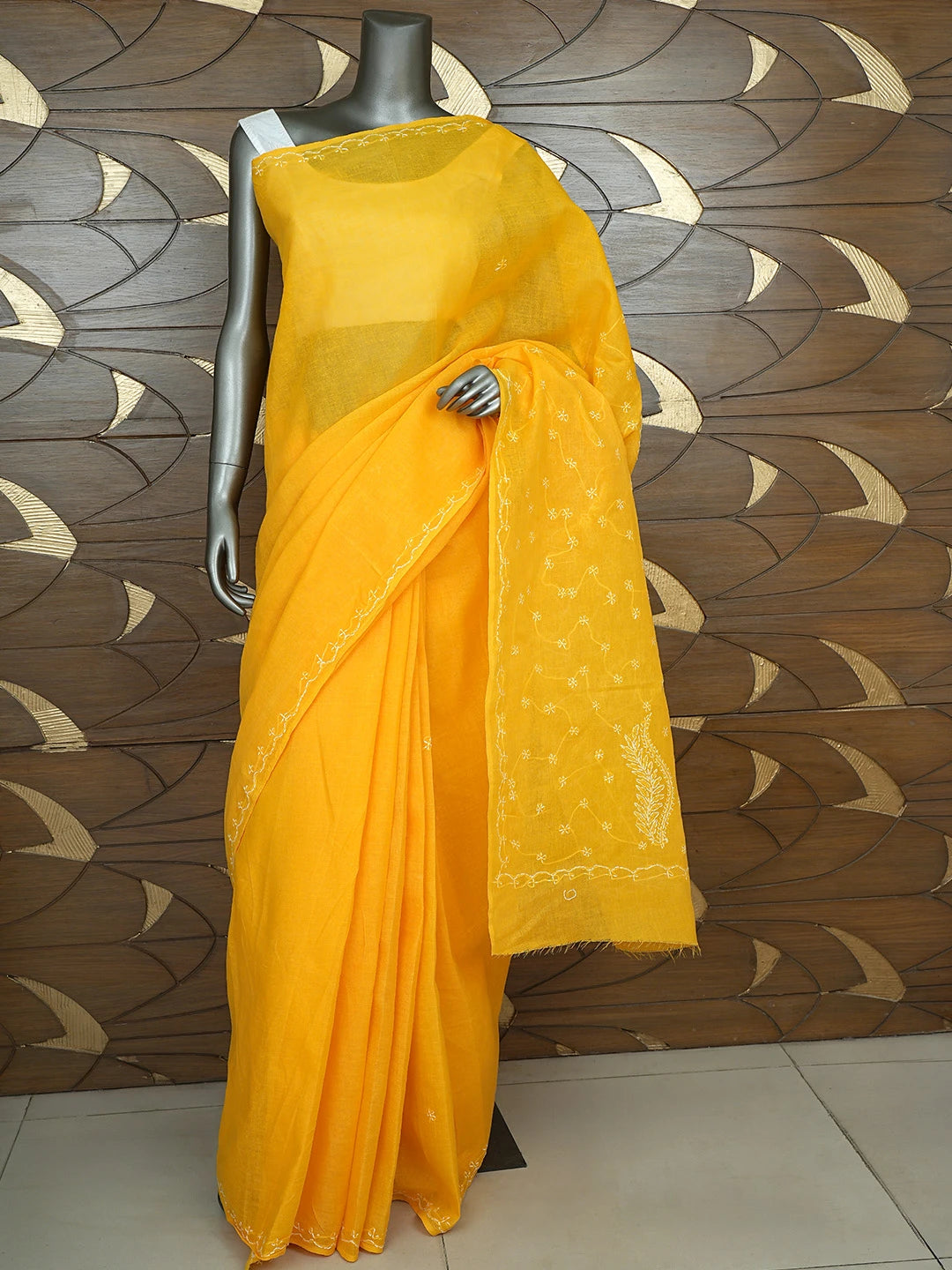 Ada Hand Embroidered Mustard Cotton Lucknowi Chikankari Saree and Blouse 01A882879