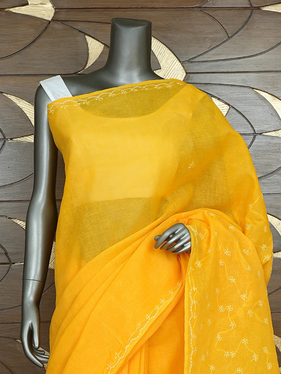 Ada Hand Embroidered Mustard Cotton Lucknowi Chikankari Saree and Blouse 01A882879