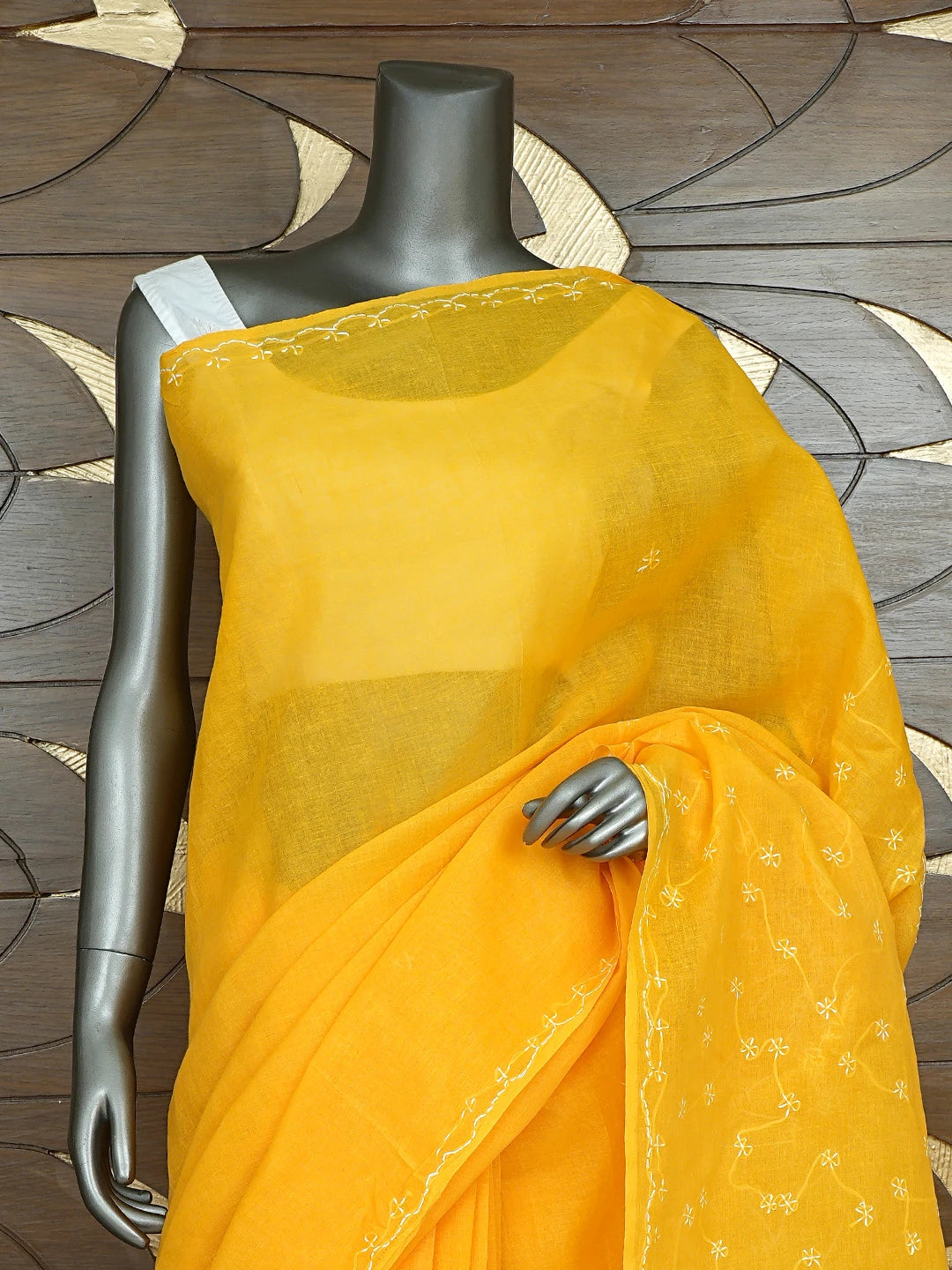 Ada Hand Embroidered Mustard Cotton Lucknowi Chikankari Saree and Blouse 01A882879