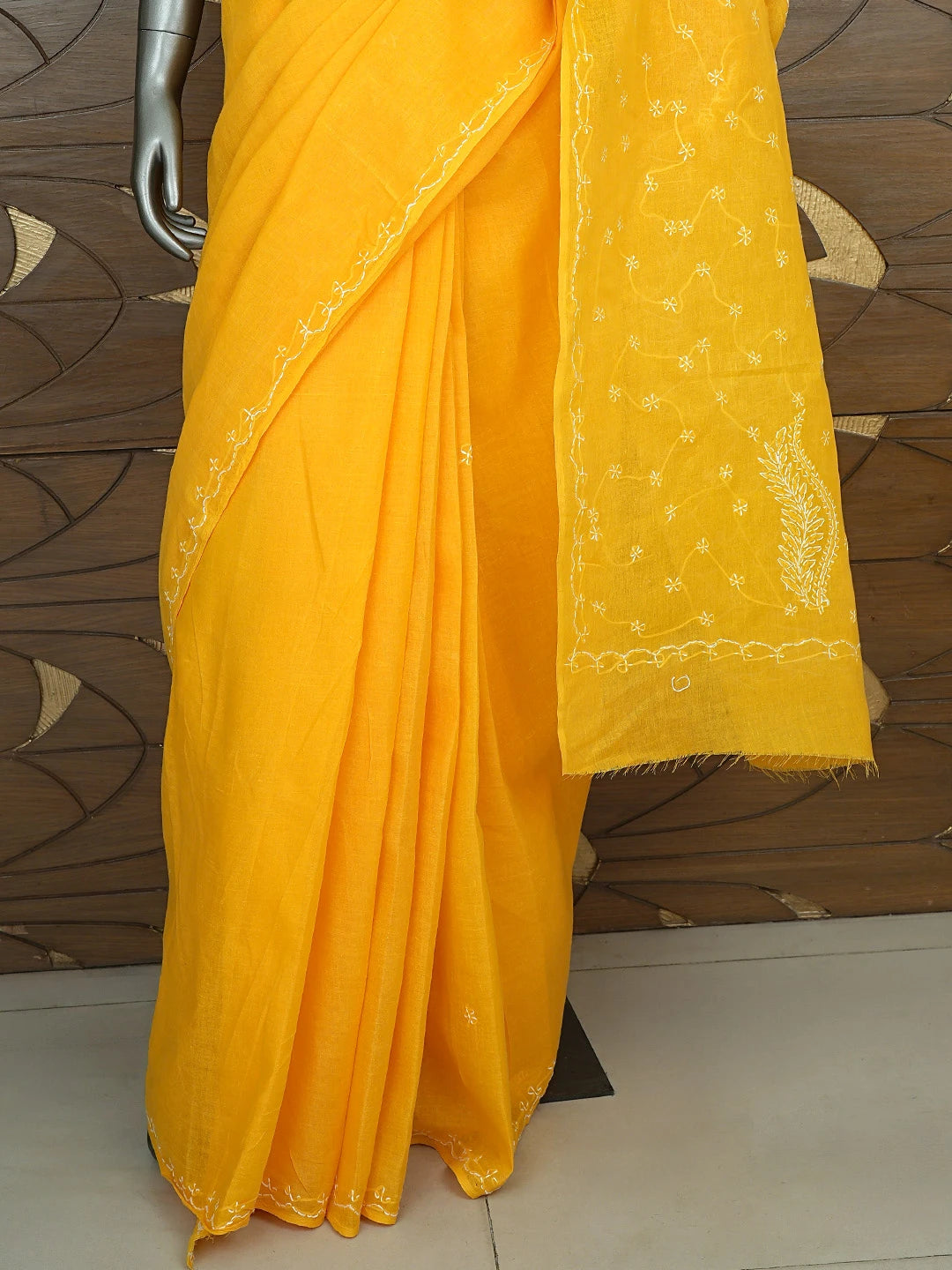Ada Hand Embroidered Mustard Cotton Lucknowi Chikankari Saree and Blouse 01A882879