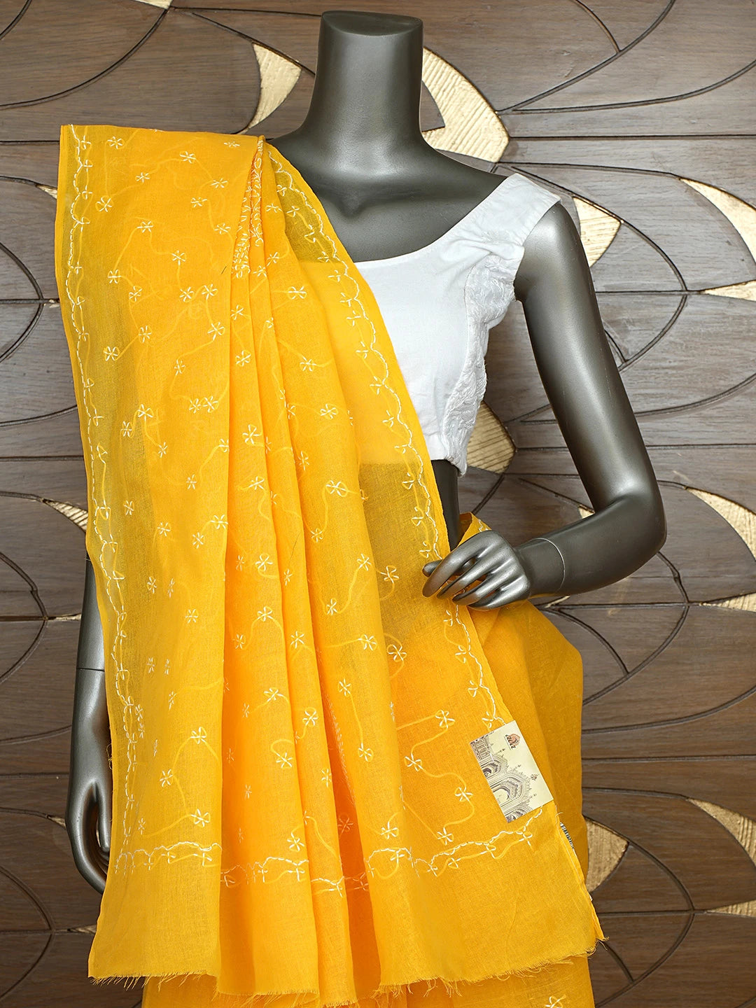 Ada Hand Embroidered Mustard Cotton Lucknowi Chikankari Saree and Blouse 01A882879