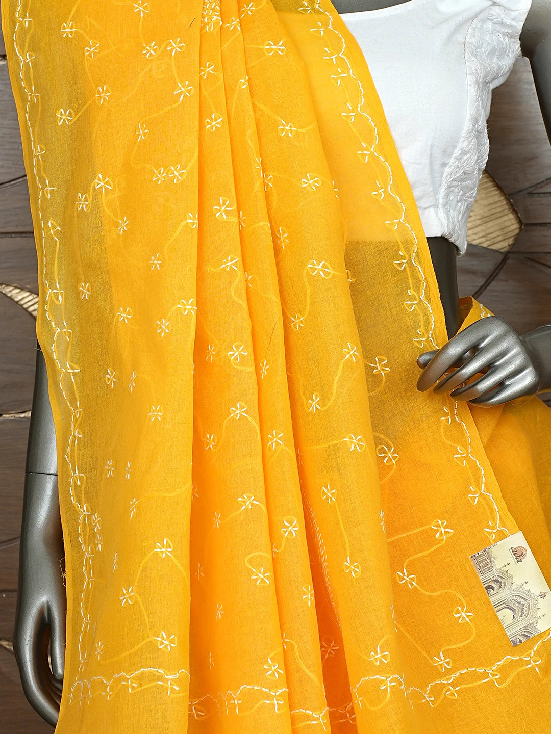 Ada Hand Embroidered Mustard Cotton Lucknowi Chikankari Saree and Blouse 01A882879