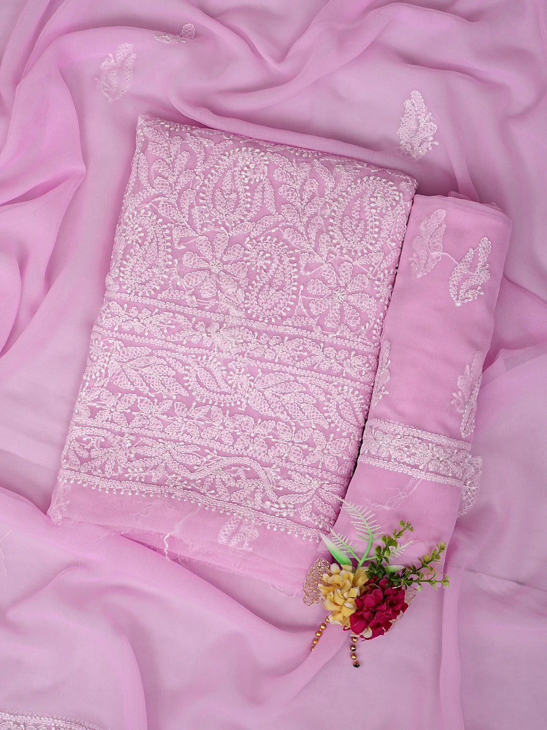 Ada Hand Embroidered Pink Georgette Lucknowi Chikankari Unstitched Suit Piece 01A878921