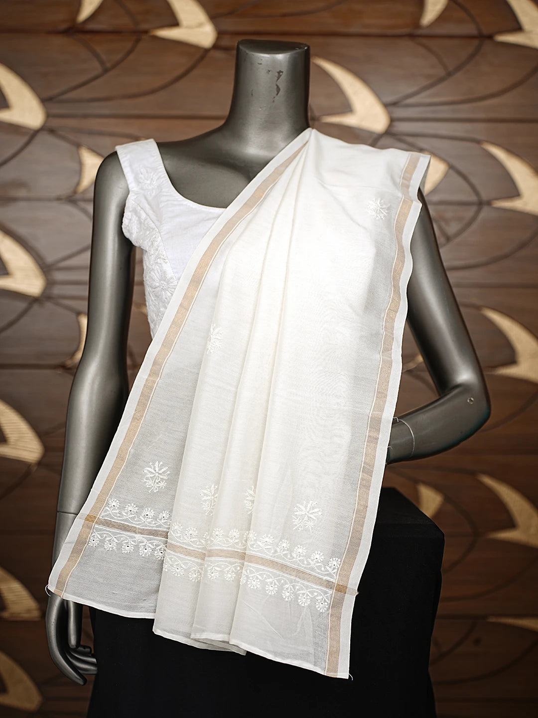 Ada Hand Embroidered White Chanderi Lucknowi Chikankari Dupatta 01A860011