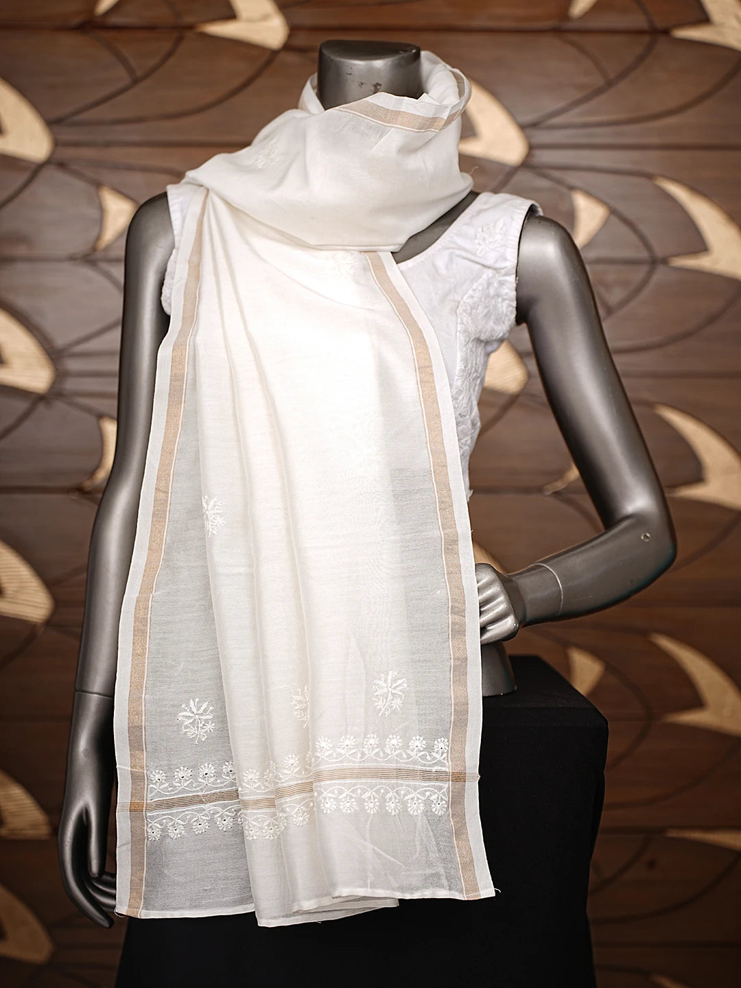 Ada Hand Embroidered White Chanderi Lucknowi Chikankari Dupatta 01A860011