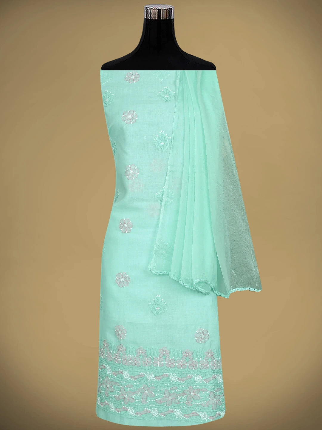Ada Hand Embroidered Sea Green Cotton Lucknowi Chikankari Unstitched Suit Piece 01A879351