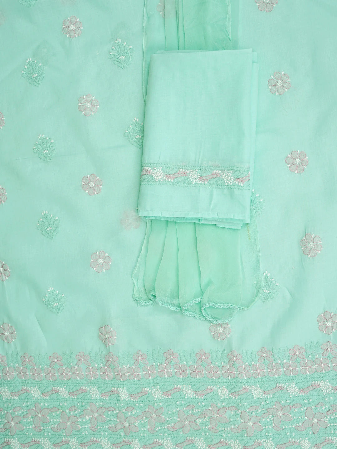 Ada Hand Embroidered Sea Green Cotton Lucknowi Chikankari Unstitched Suit Piece 01A879351
