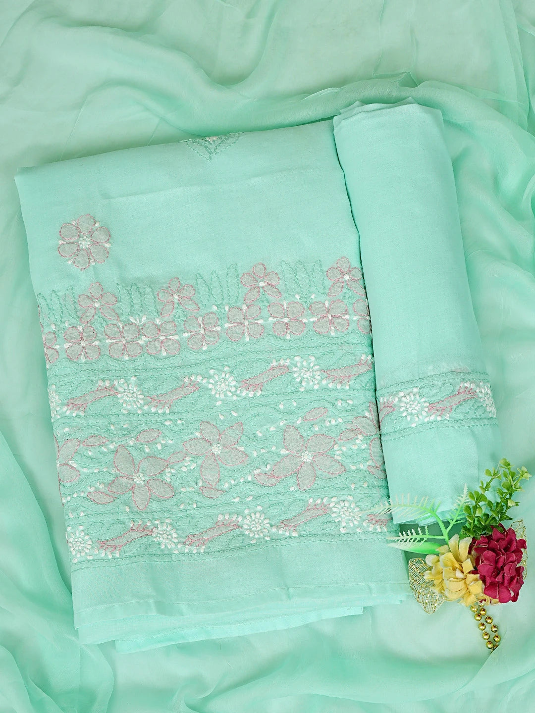 Ada Hand Embroidered Sea Green Cotton Lucknowi Chikankari Unstitched Suit Piece 01A879351