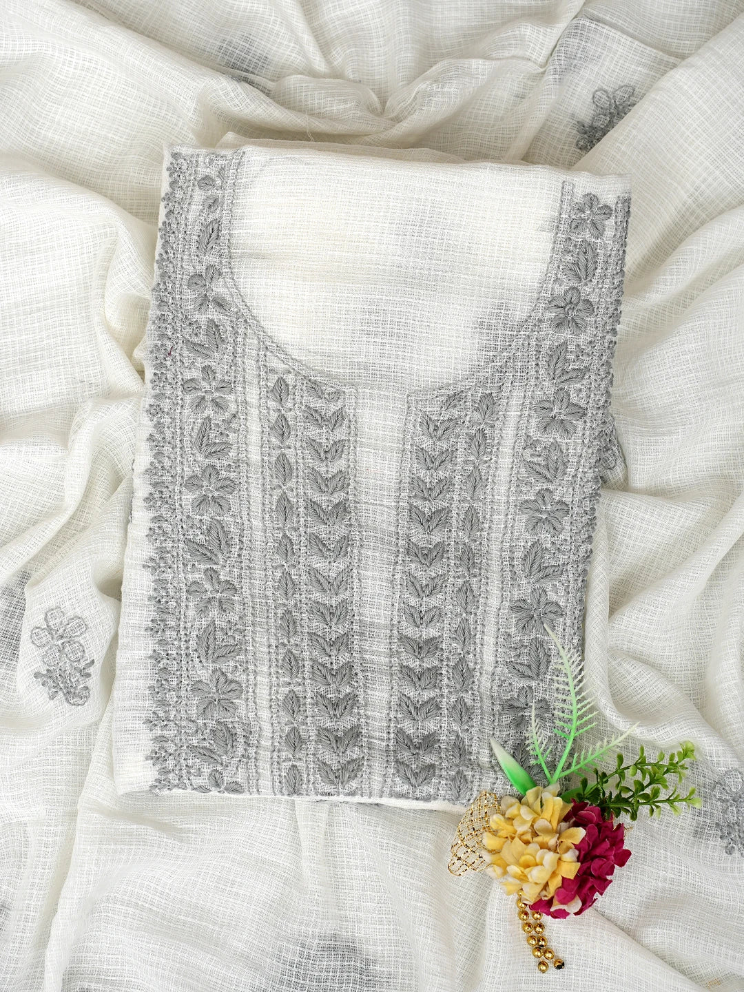 Ada Hand Embroidered White Kota Lucknowi Chikankari Unstitched Kurta Dupatta Set 01A876964