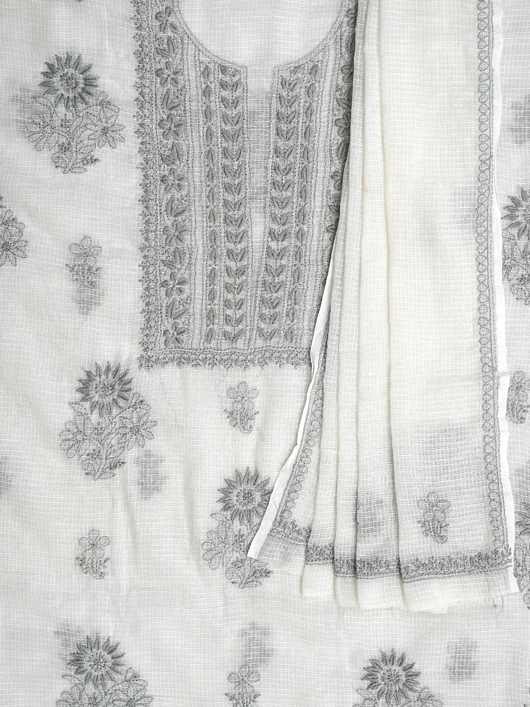 Ada Hand Embroidered White Kota Lucknowi Chikankari Unstitched Kurta Dupatta Set 01A876964