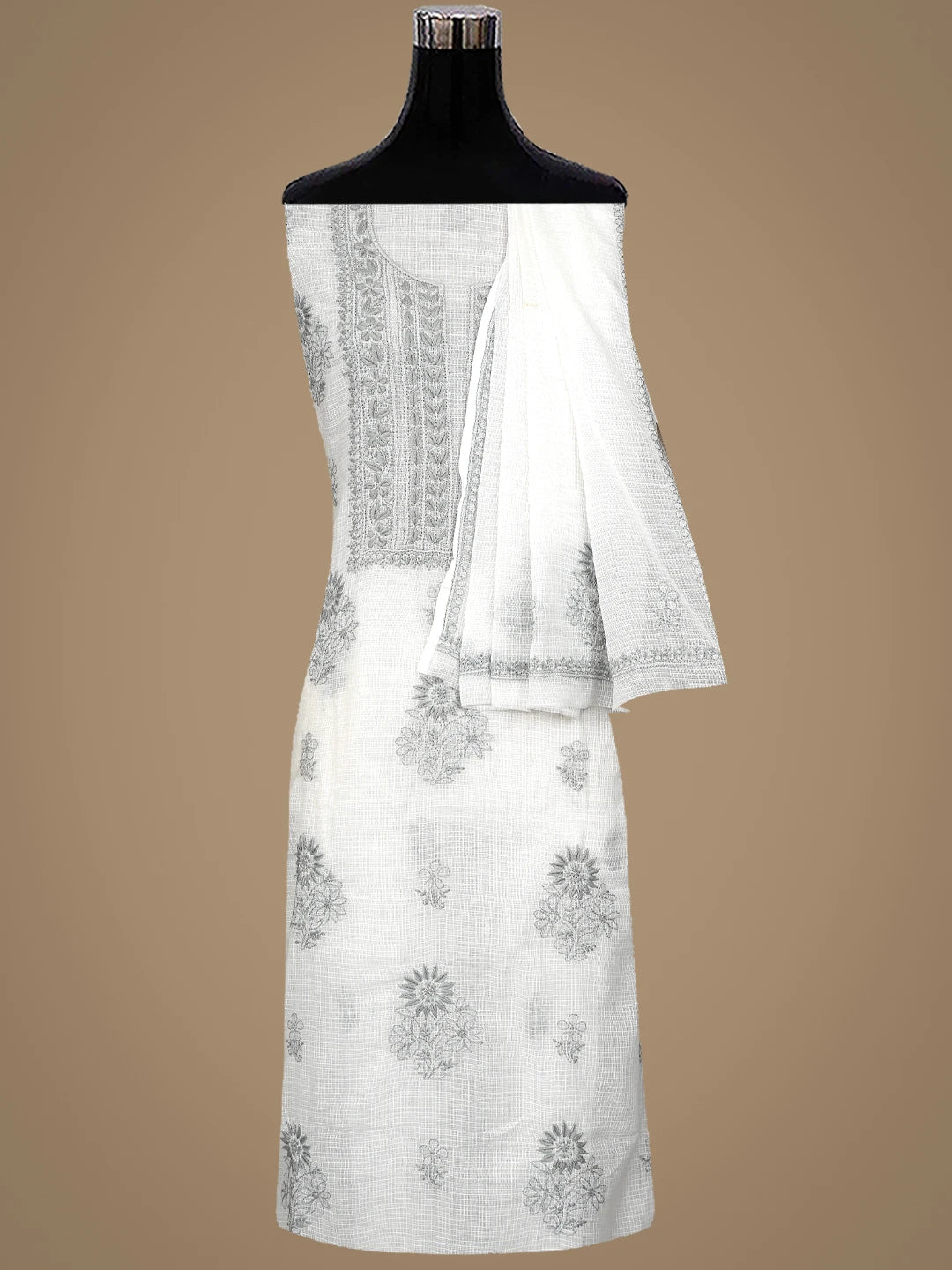 Ada Hand Embroidered White Kota Lucknowi Chikankari Unstitched Kurta Dupatta Set 01A876964