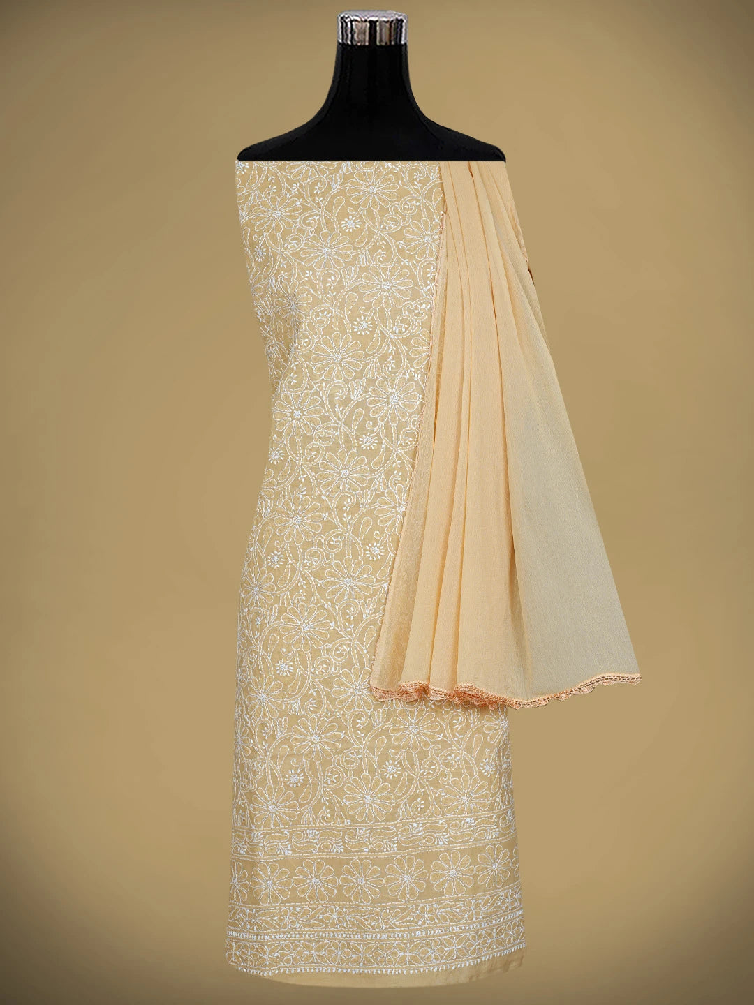 Ada Hand Embroidered Fawn Cotton Lucknowi Chikankari Unstitched Kurta Dupatta Set 01A853608