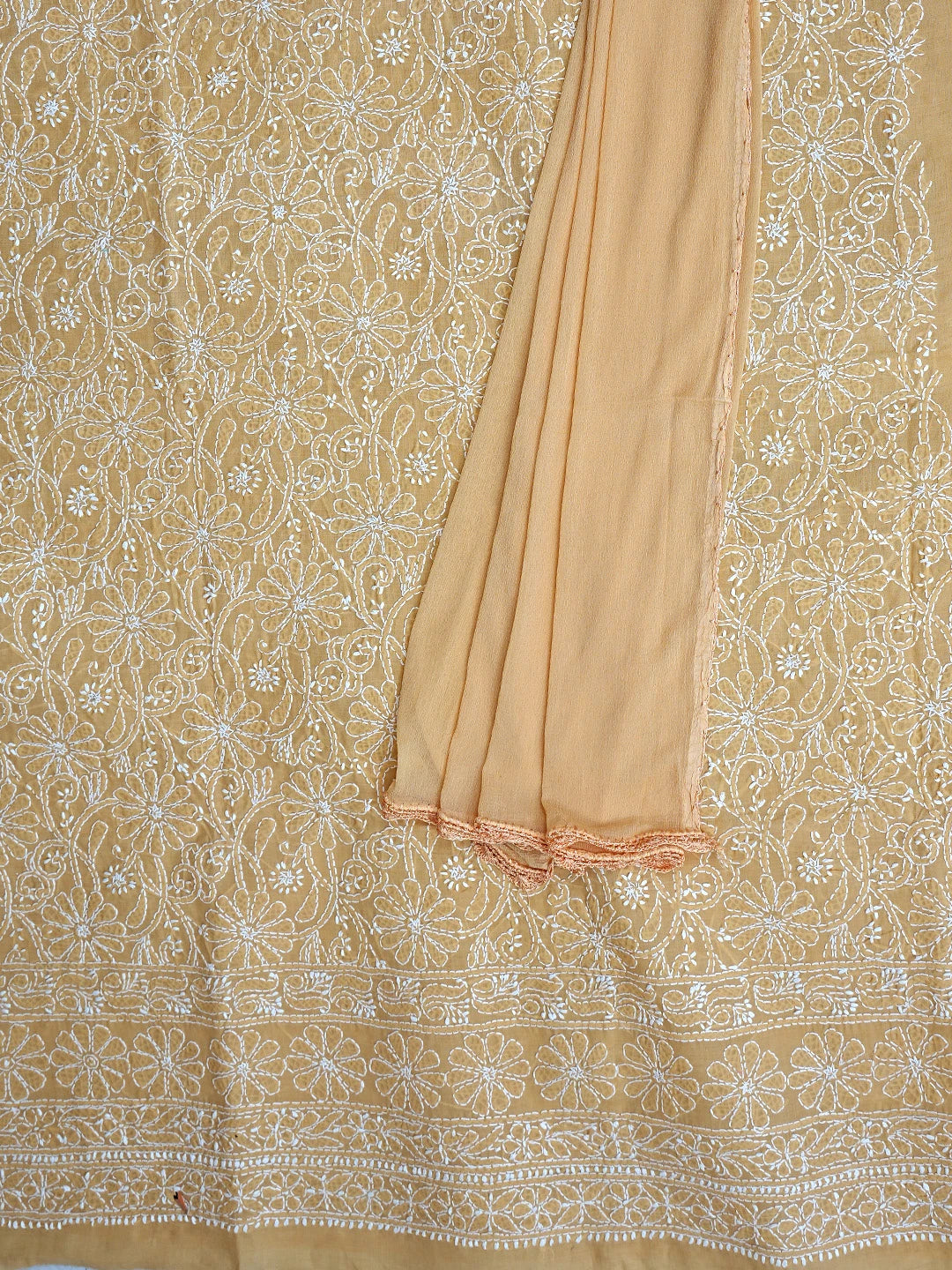 Ada Hand Embroidered Fawn Cotton Lucknowi Chikankari Unstitched Kurta Dupatta Set 01A853608