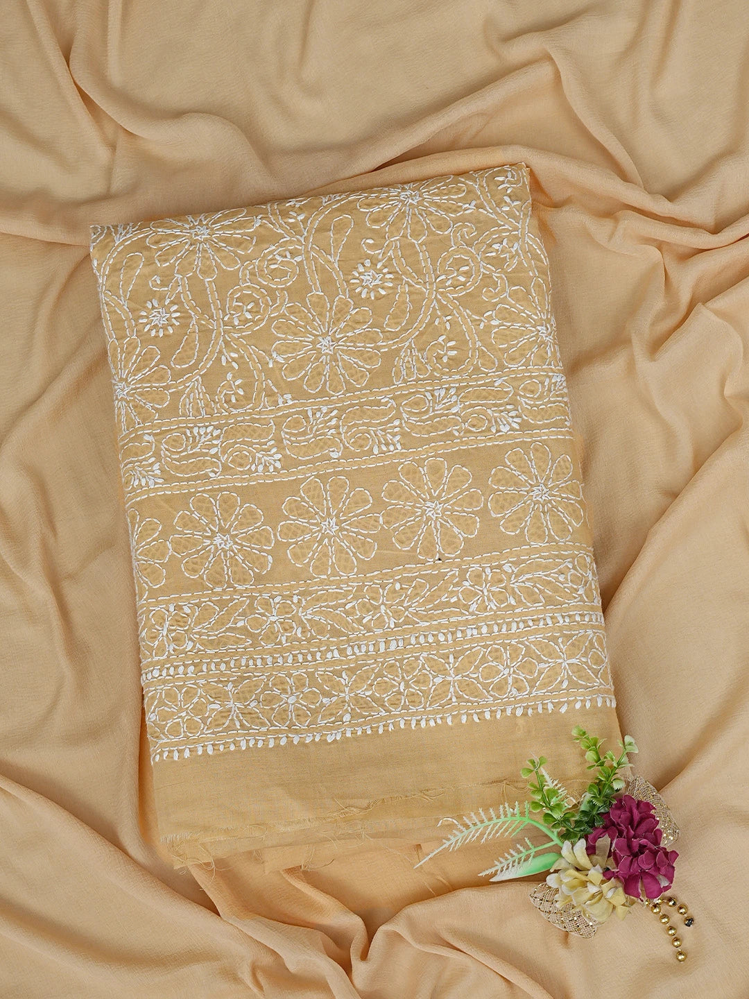 Ada Hand Embroidered Fawn Cotton Lucknowi Chikankari Unstitched Kurta Dupatta Set 01A853608