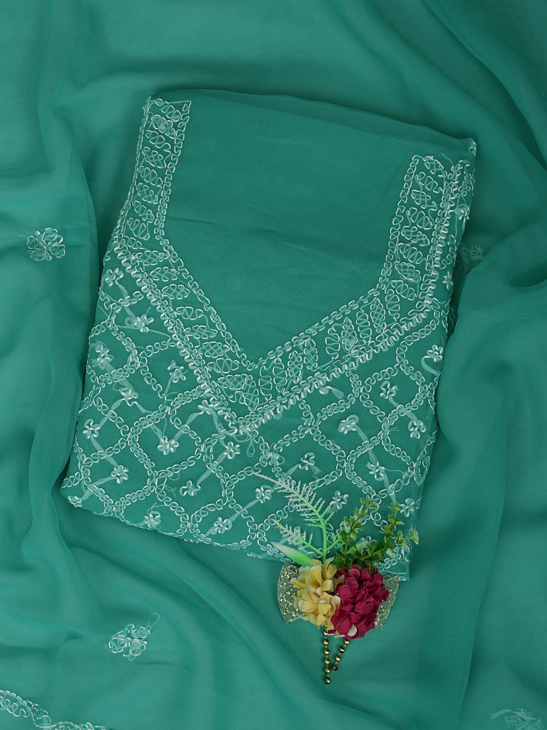 Ada Hand Embroidered Rama Green Georgette Lucknowi Chikankari Unstitched Suit Piece 01A879207