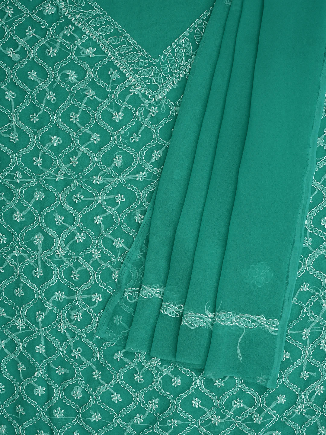 Ada Hand Embroidered Rama Green Georgette Lucknowi Chikankari Unstitched Suit Piece 01A879207