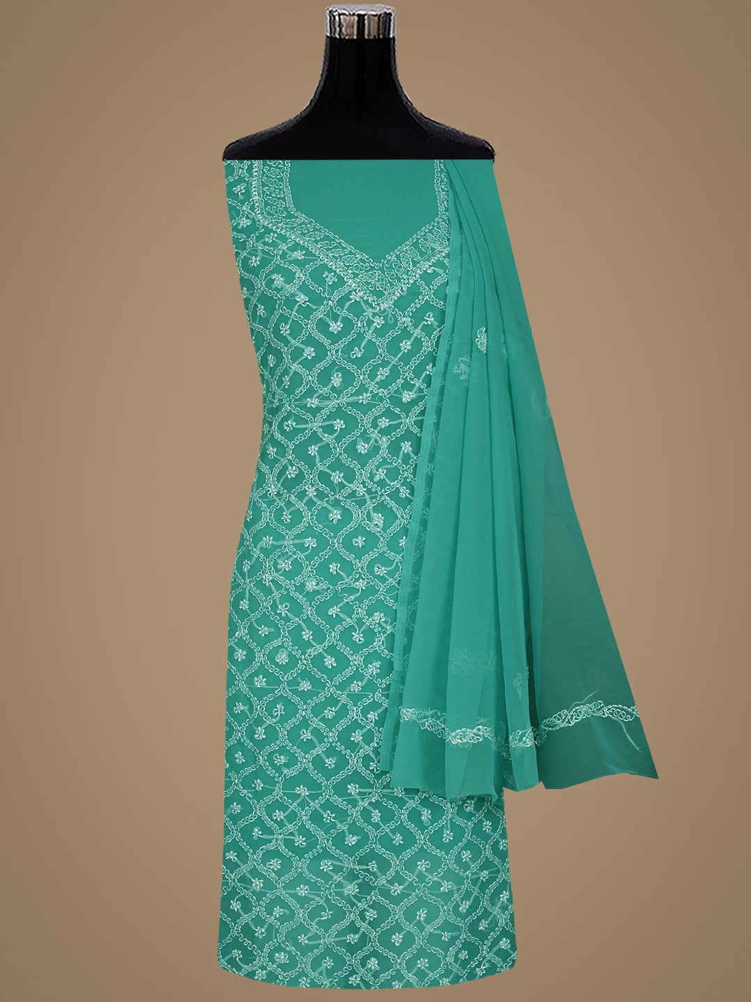 Ada Hand Embroidered Rama Green Georgette Lucknowi Chikankari Unstitched Suit Piece 01A879207