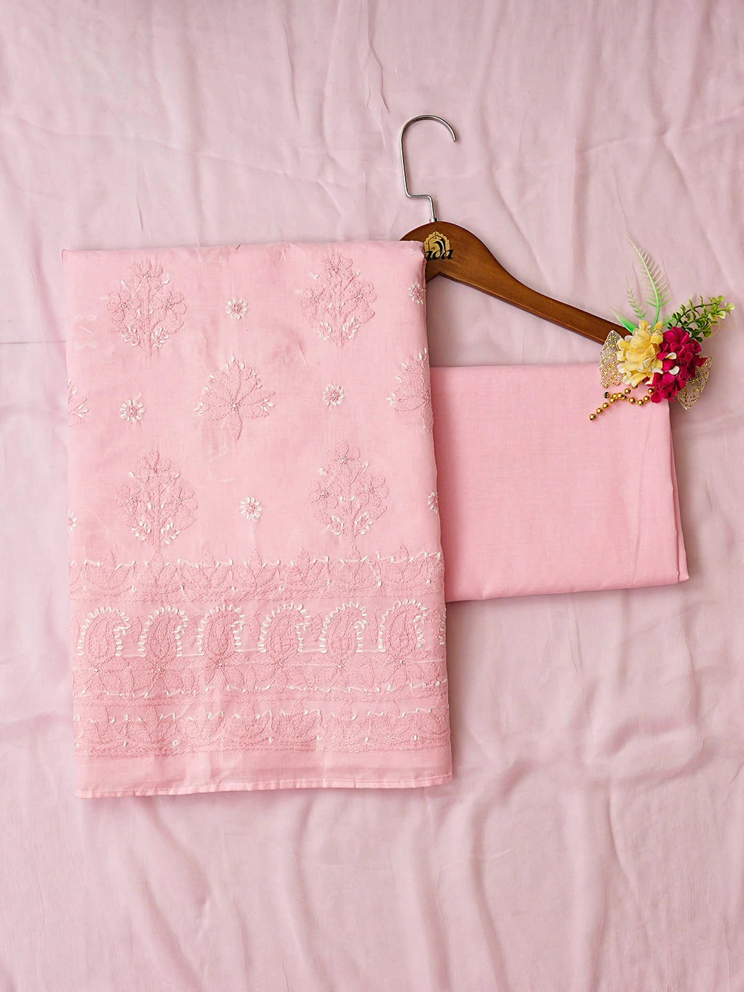 Ada Hand Embroidered Pink Cotton Lucknowi Chikankari Unstitched Suit Piece 01A779731