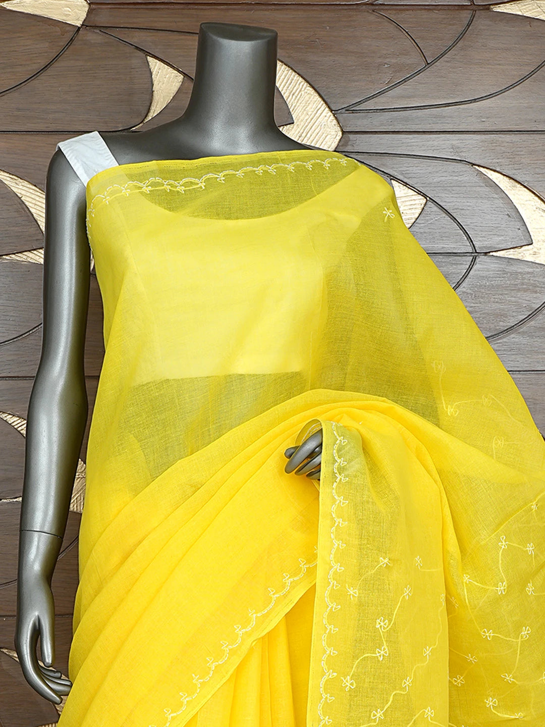 Ada Hand Embroidered Yellow Cotton Lucknowi Chikankari Saree and Blouse 01A882886