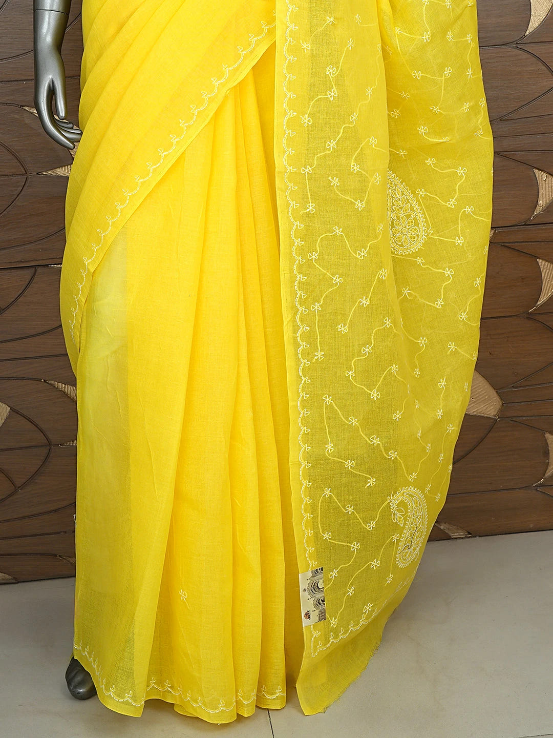 Ada Hand Embroidered Yellow Cotton Lucknowi Chikankari Saree and Blouse 01A882886