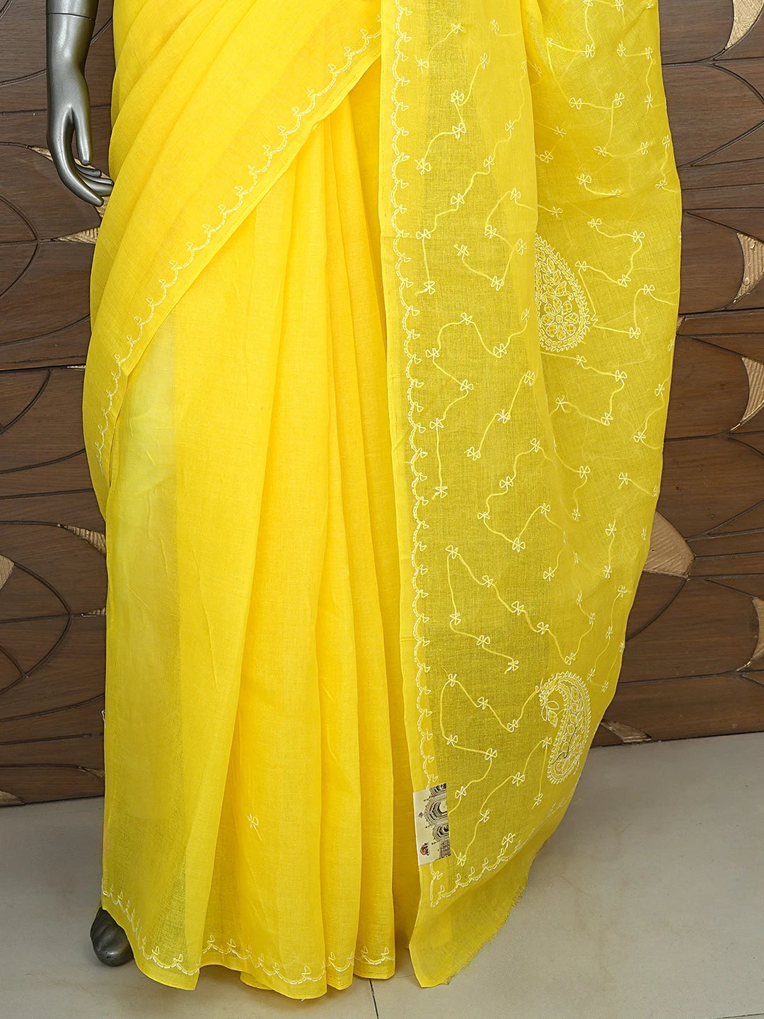 Ada Hand Embroidered Yellow Cotton Lucknowi Chikankari Saree and Blouse 01A882886