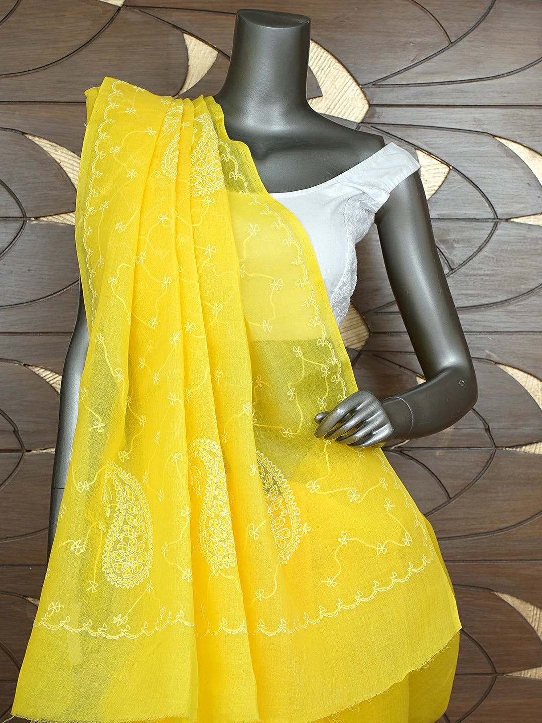 Ada Hand Embroidered Yellow Cotton Lucknowi Chikankari Saree and Blouse 01A882886
